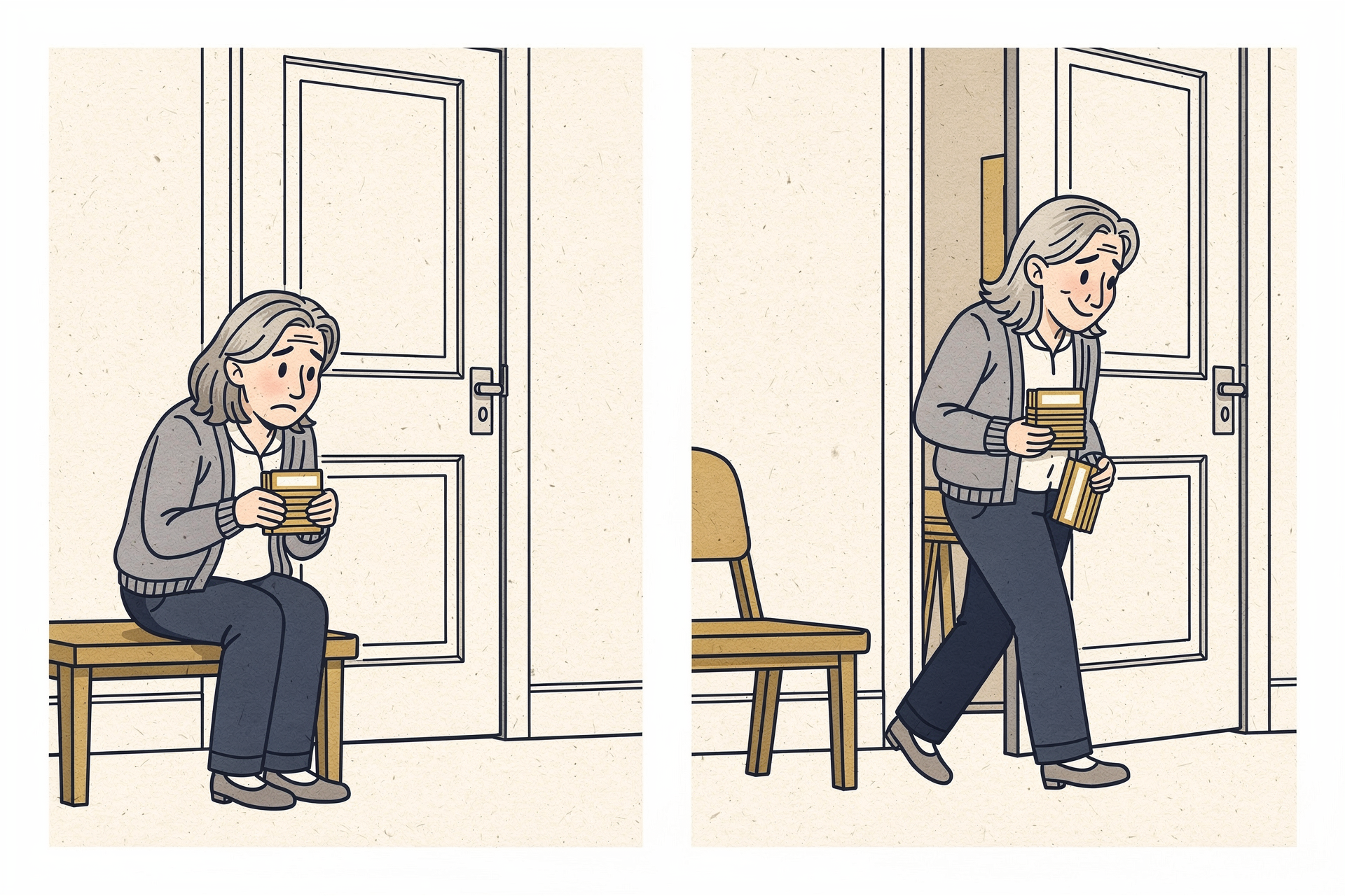 House Comic, two panels: a homeowner sits on a hallway bench outside a hearing-room door, worried, rehearsing from a stack of note cards; then the same woman walks out the same door relieved, the note cards unused at her side.