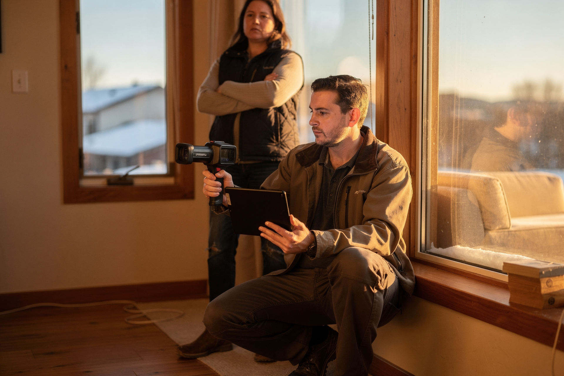 An energy specialist crouched at a living-room window with a thermal camera and tablet while the homeowner watches, warm interior light against Idaho winter outside.