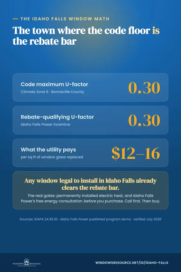 Idaho Falls window math — the town where the code floor is the rebate bar: U 0.30 qualifies, $12–16 per square foot, call Idaho Falls Power first.
