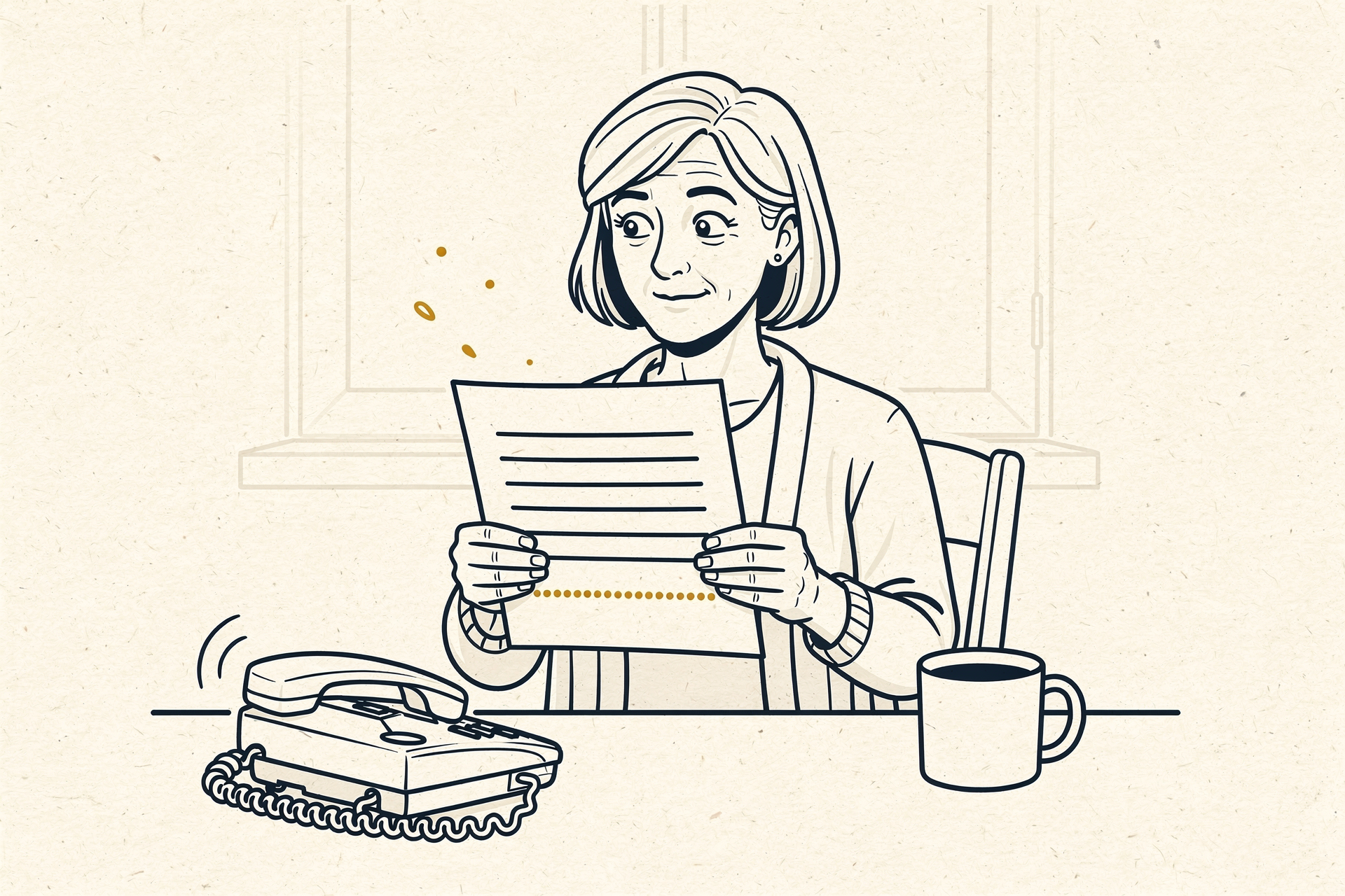 Single-panel cartoon: a calm homeowner reads an invoice on which one ruled line has dissolved into a dotted gold outline, while the phone on the table rings unanswered.