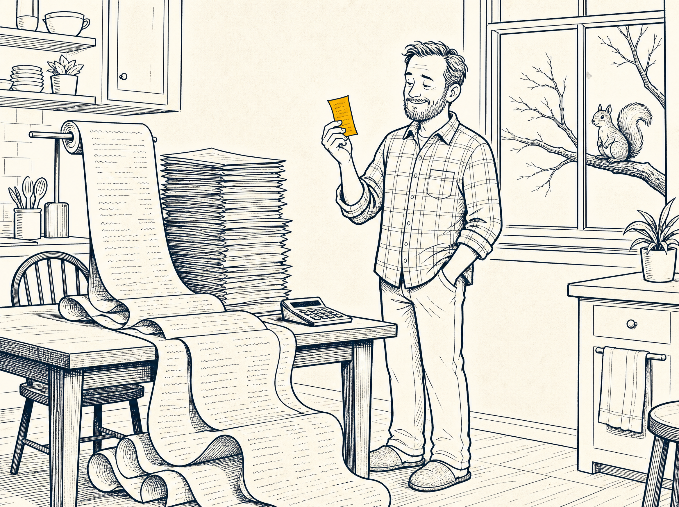 House Comic cartoon: a relieved homeowner holds up one small gold receipt beside a kitchen table buried under an enormous quote scroll and a tall stack of financing paperwork, while a squirrel watches through the newly clear kitchen window.