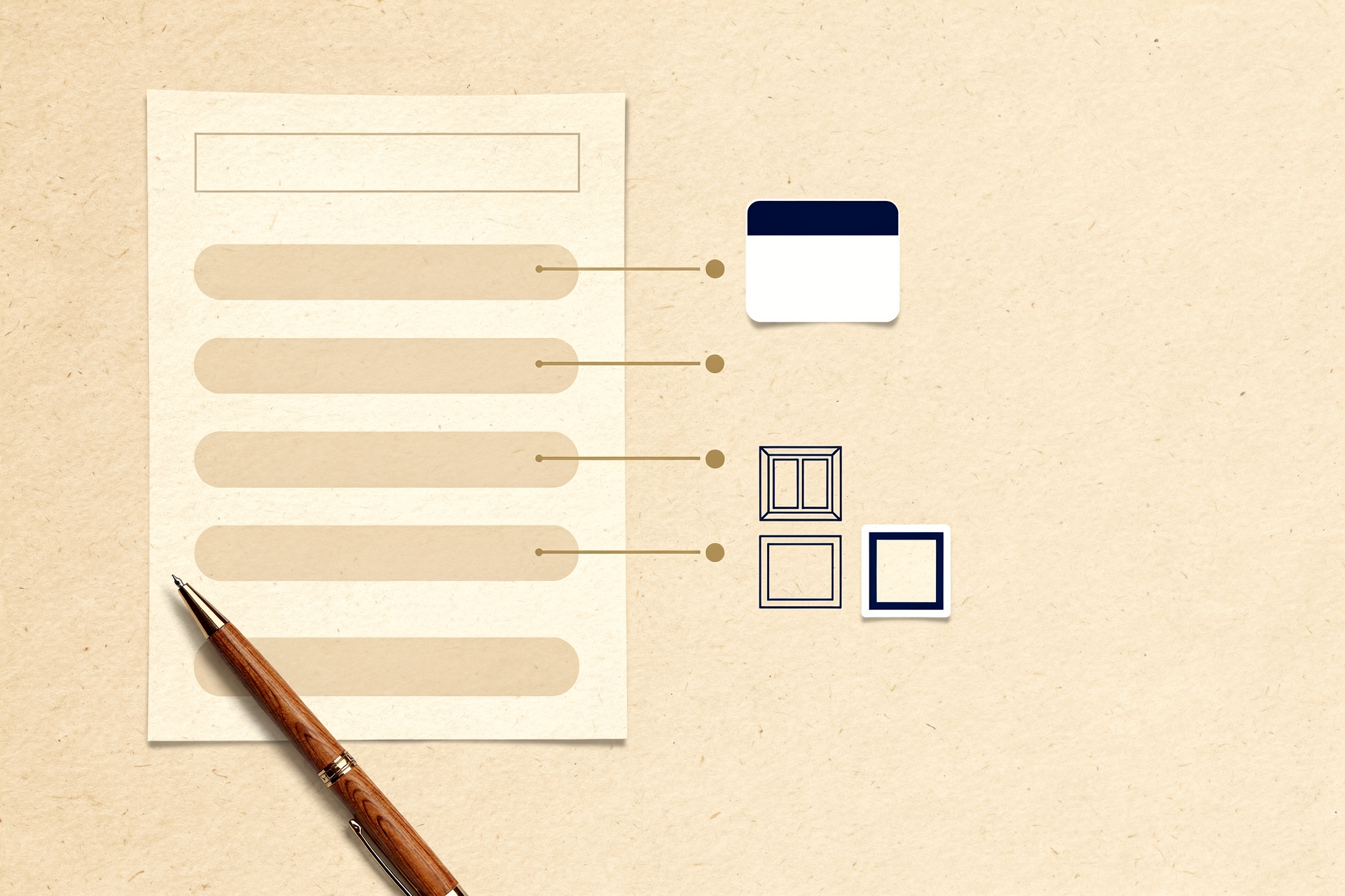 Diagram of a window quote as a blank document with four line-item bands, each connected by a gold callout line to the right margin, beside a blank energy-performance sticker and two small window cross-section icons.