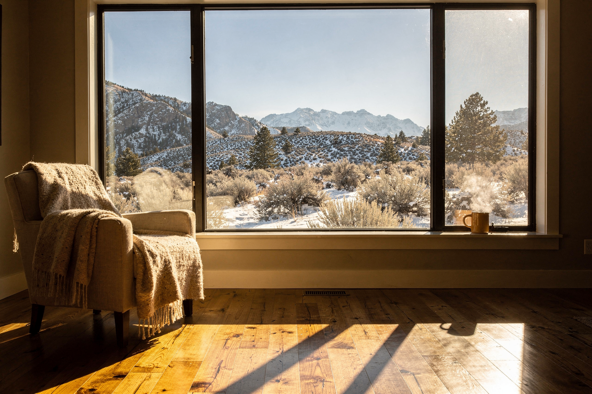 A wide window in an Idaho living room on a cold bright winter morning, low sun coming in across a wood floor, snow-covered foothills and pines visible beyond the glass.