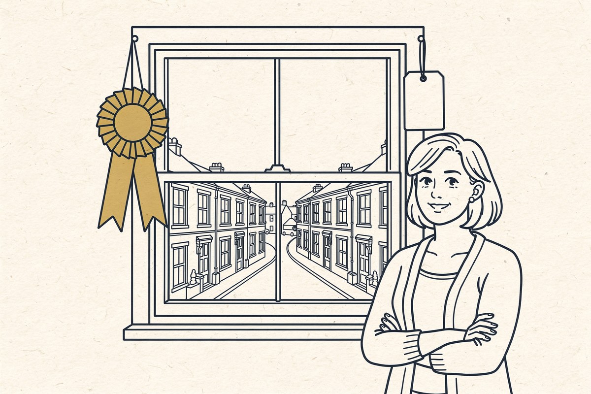 Cartoon of a homeowner standing with arms folded beside her handsome new sash window, which wears a gold prize rosette on one side of the frame and a blank evidence-style tag on the other, while every house visible down the street through the glass has the identical window.