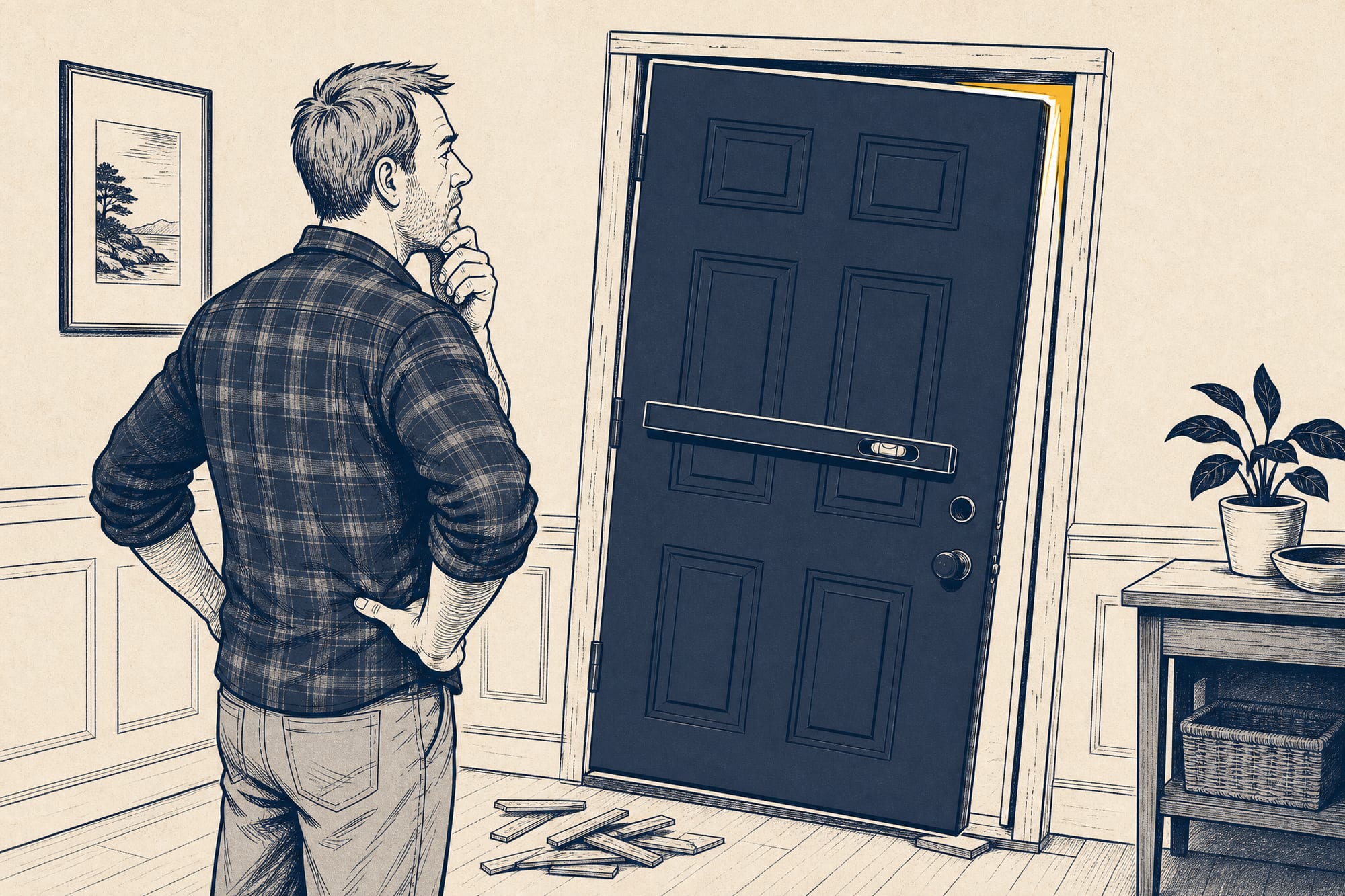 House Comic: a homeowner who balked at paying as much for the install as for the door decides to hang it himself — the new front door tilted in the opening, a level bubble way off, a stack of shims and a gap of daylight at one corner, while he stands back and reconsiders his savings.