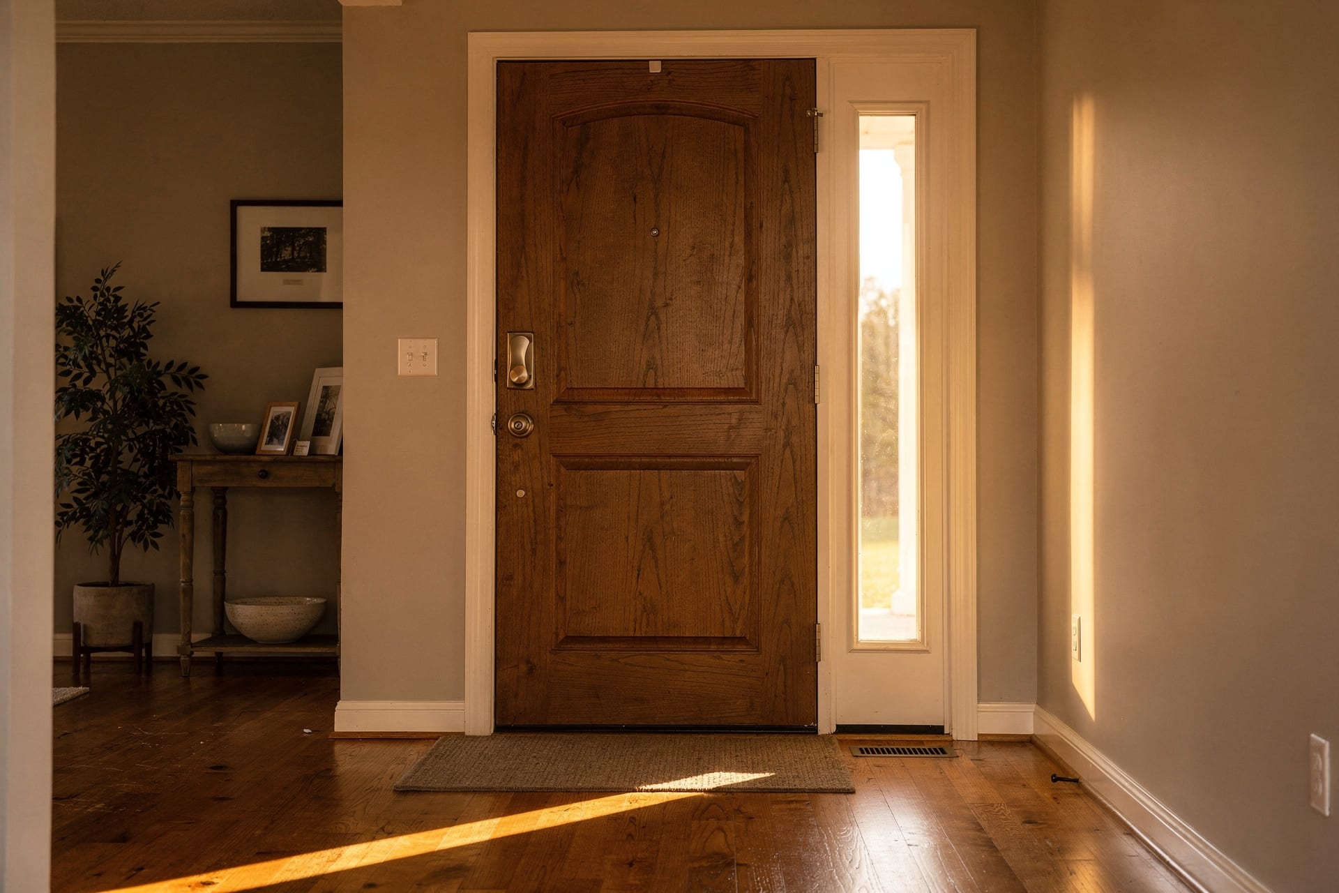A single woodgrain-textured fiberglass entry door installed in a warm, well-kept North Carolina foyer at golden hour, a glass sidelite beside it throwing light across the wood floor.