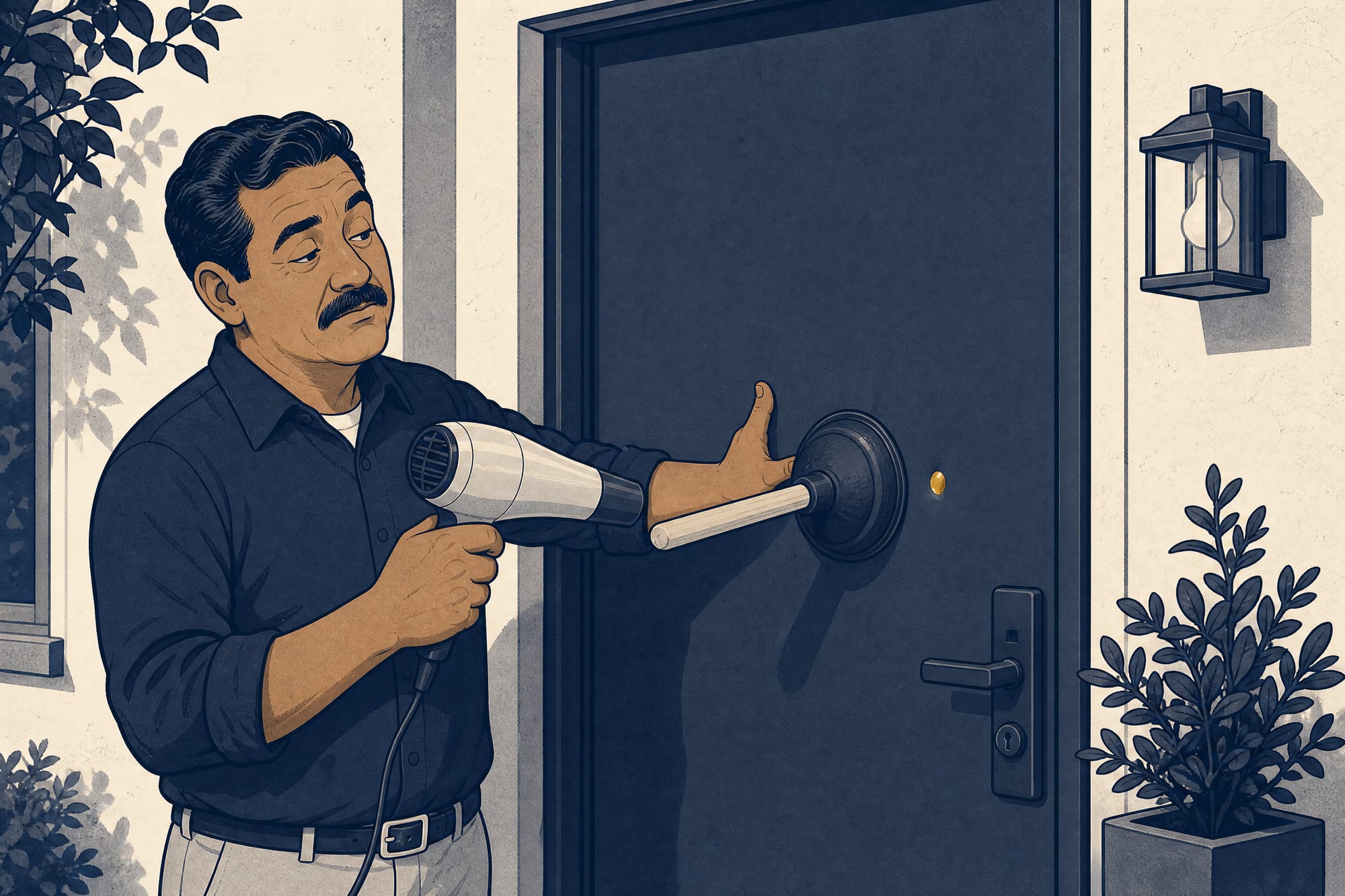 Cartoon: a homeowner stares at a fresh dent in his smooth steel front door, then tries to coax it back out — a plunger stuck to the door, a hair dryer aimed at it, both thumbs pushing — while the dent stays exactly where it is, unbothered.