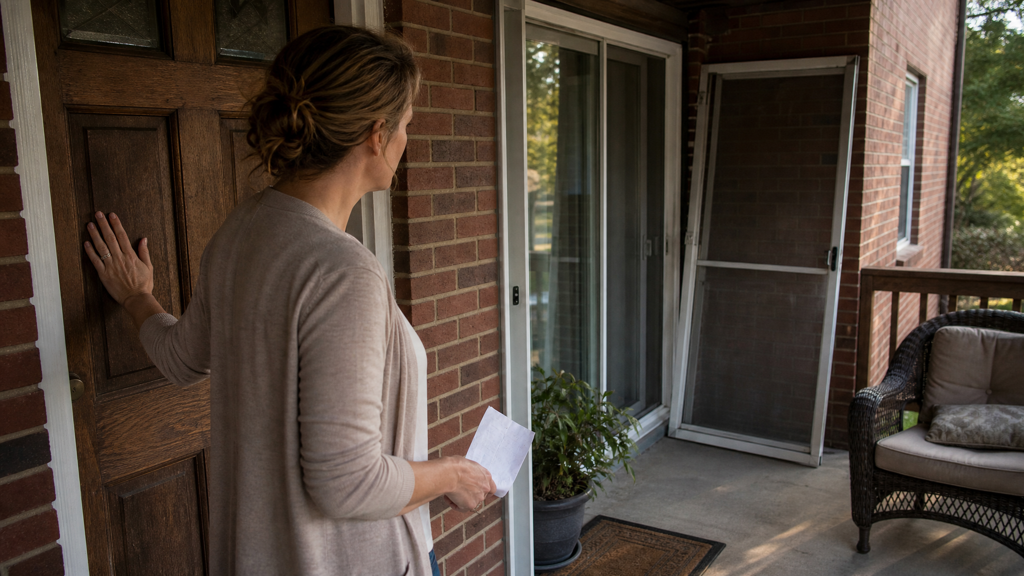 A homeowner stands on her own brick NC porch in flat overcast light, one hand resting on a dated front door, a folded quote in the other, glancing between the entry, a glass patio slider off to the side, and a screen storm door — the quiet moment of deciding which door is the actual job.