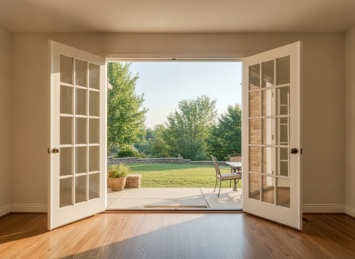 French doors open the whole wall — the widest, most traditional opening.