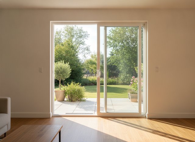 A two-panel slider: the biggest uninterrupted glass, zero swing space.