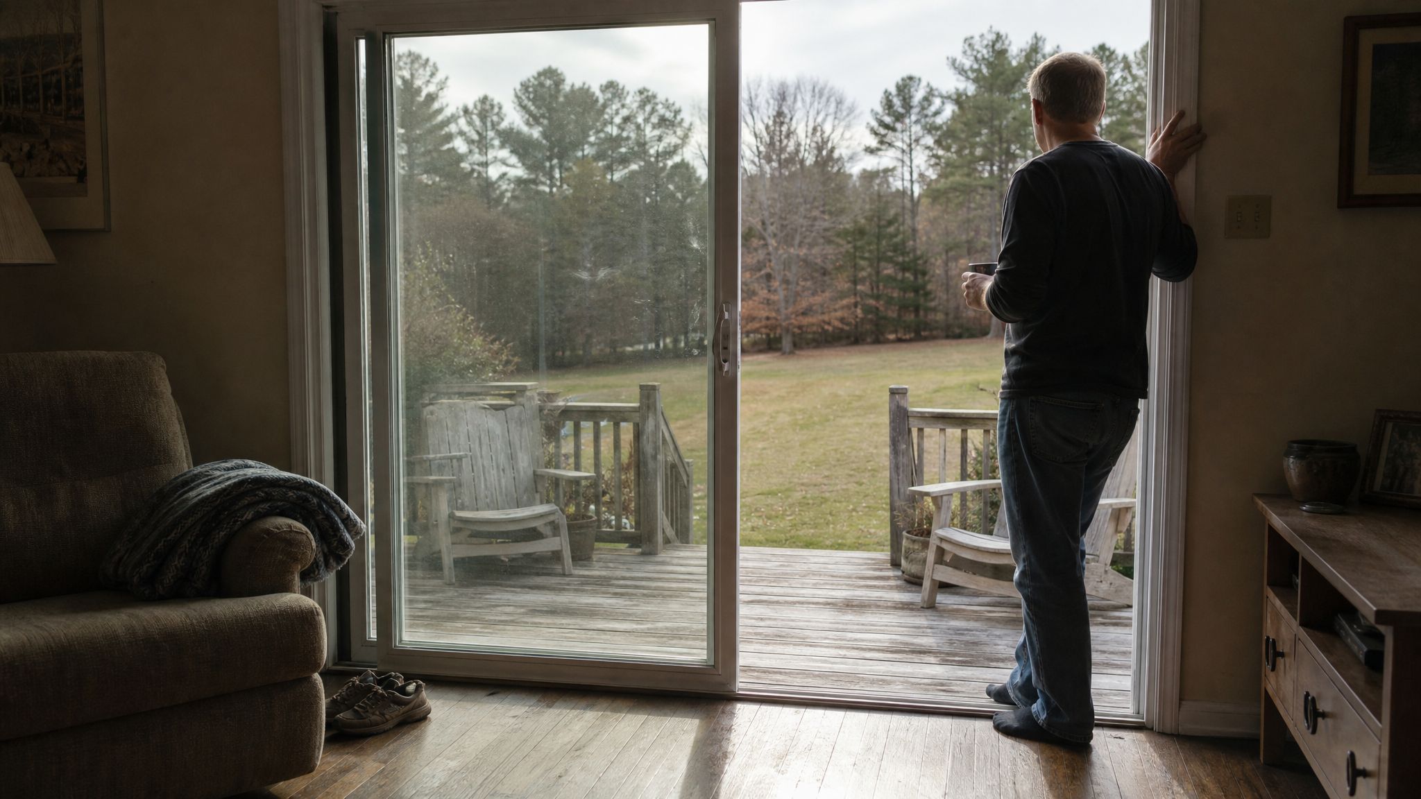 A homeowner stands with a coffee mug at a wide sliding glass patio door, looking out onto a lived-in NC backyard deck on a soft overcast afternoon, daylight raking low across the floorboards and a couple of weathered chairs visible through the glass.