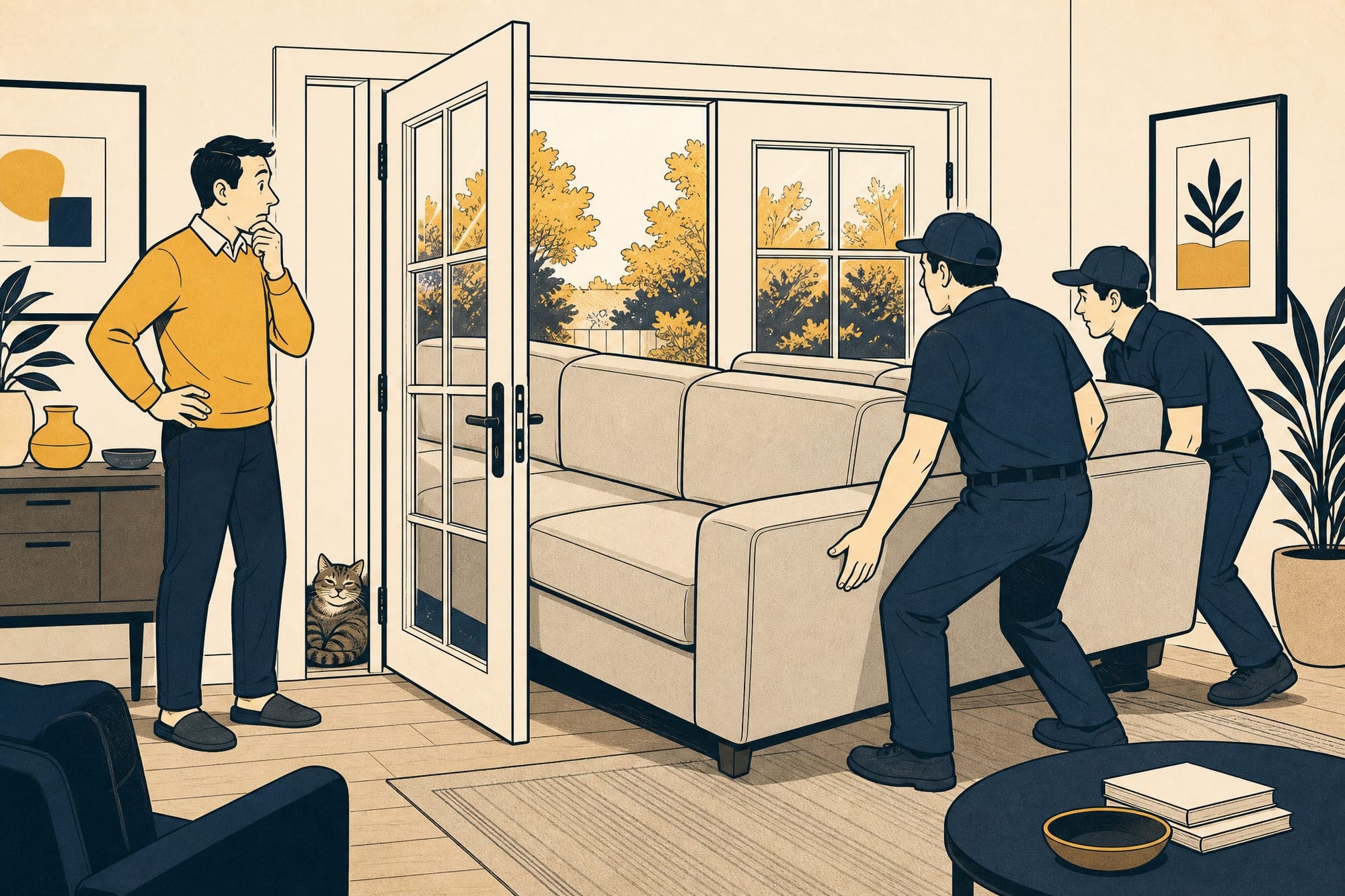 A homeowner stands beside newly installed French patio doors with dawning realization as two movers carry a huge sectional sofa back into the room; one door panel is blocked mid-swing by the sofa's arm, and a cat has already claimed the blocked corner.