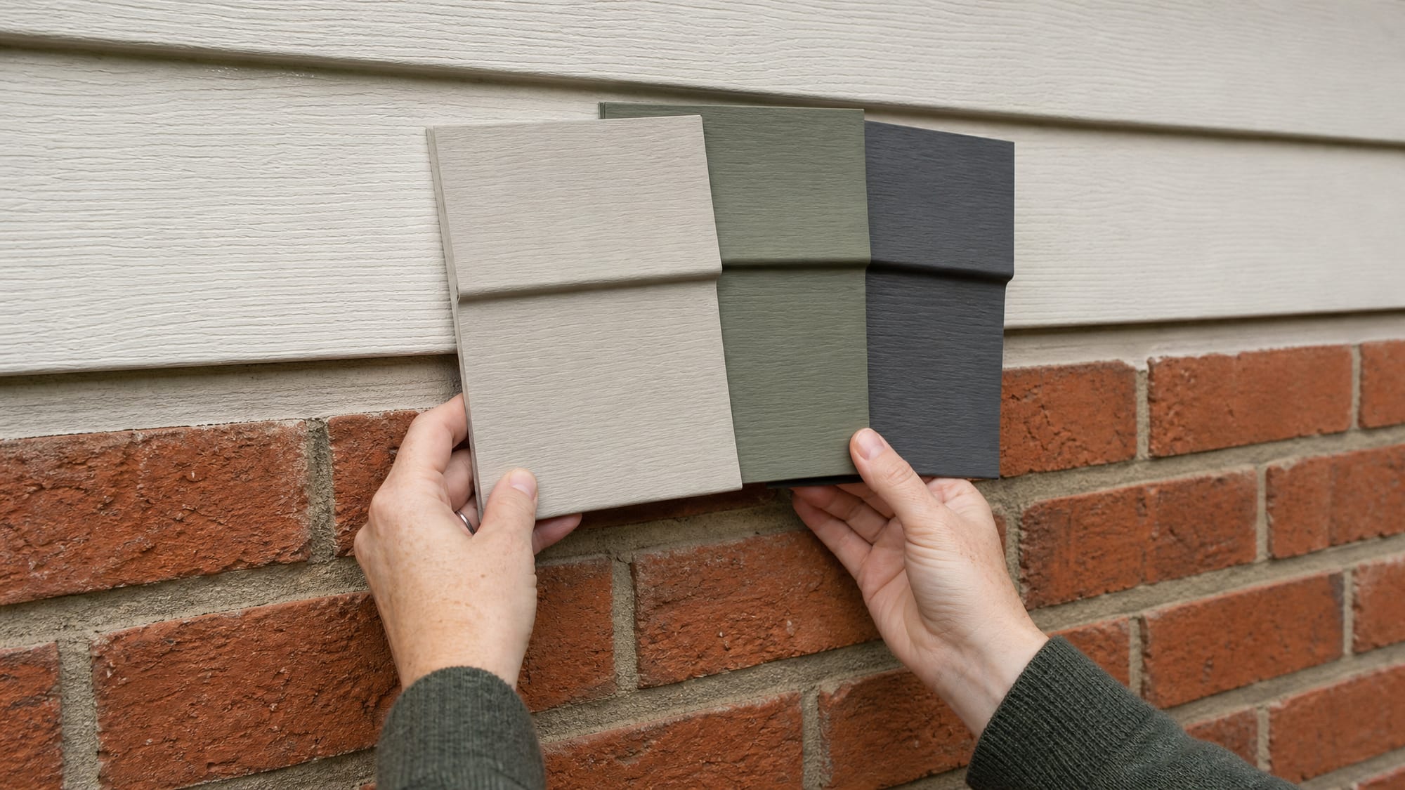 A homeowner's hands holding three large vinyl siding color swatches — a light greige, a soft sage, and a deep charcoal — up against the actual brick foundation and clapboard of a 1980s North Carolina ranch in flat overcast daylight, comparing how each reads against the fixed brick.