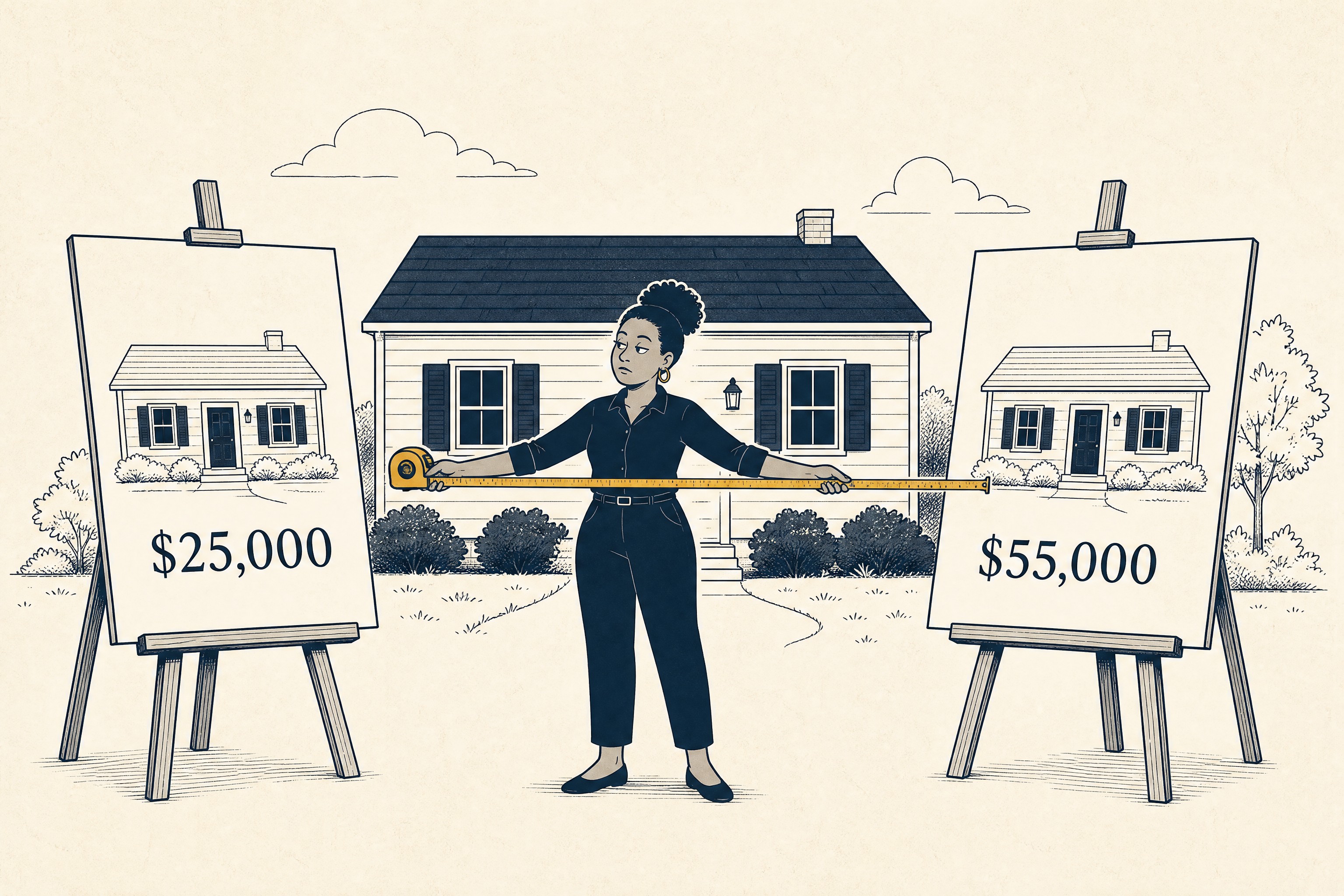 Cartoon: a homeowner stretches a tape measure between two easels holding quotes for the same house — one reads $25,000, the other $55,000 — measuring the gap between them.