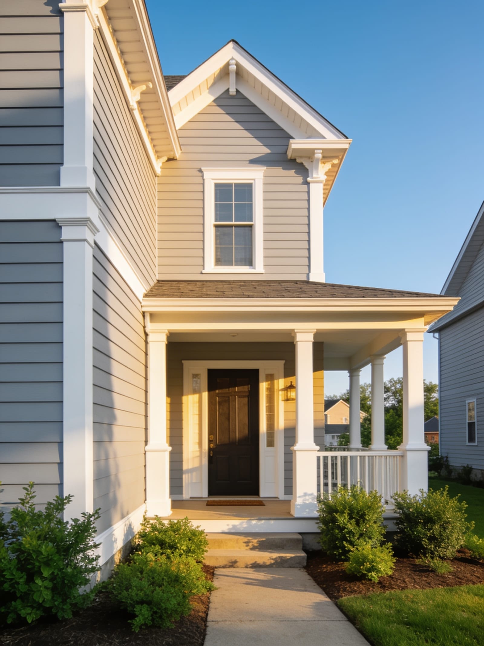A North Carolina home with fresh light-gray vinyl siding and white trim, front porch lit by bright morning sunlight
