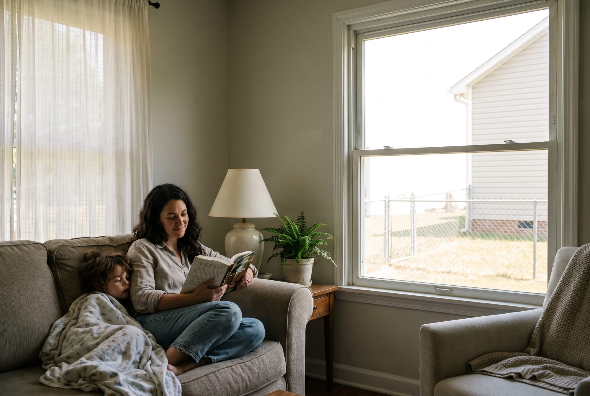 A homeowner relaxed in a calm, cool front room of a modest North Carolina home on a bright, hot summer afternoon, hard sunlight and glare pressing against the windows outside.