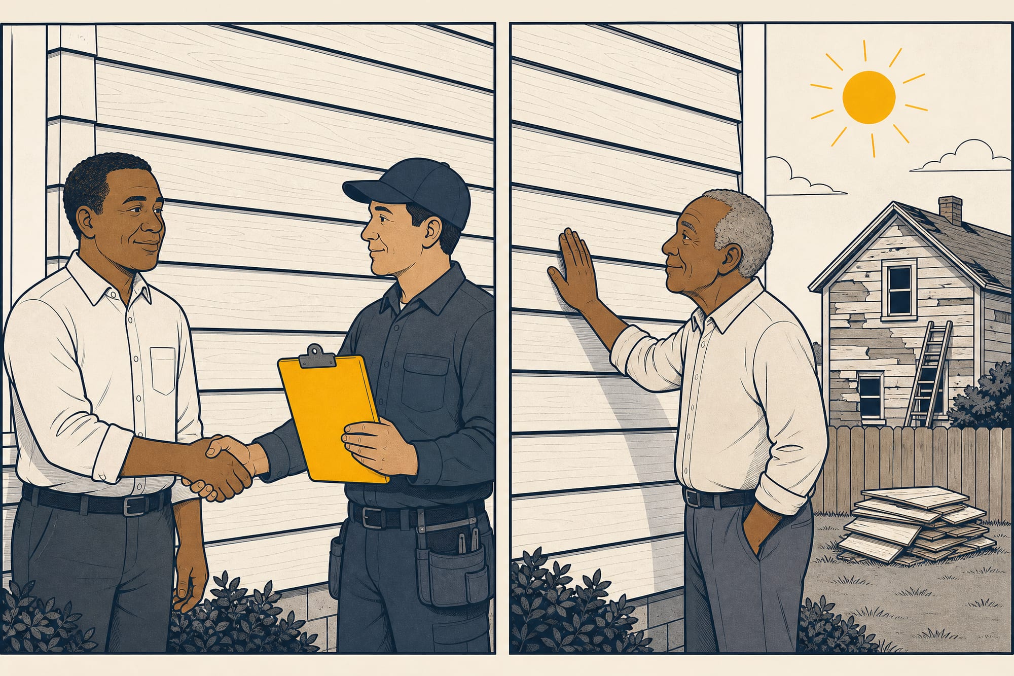 Two-panel cartoon of the same NC home: on the left, a Black homeowner in year one shaking hands with a certified installer beside a fresh deep-grain Hardie wall, a 'to spec' clipboard in frame; on the right, the same homeowner decades later, gray-haired, patting the still-flawless wall while a neighbor's flimsier siding has been replaced twice.