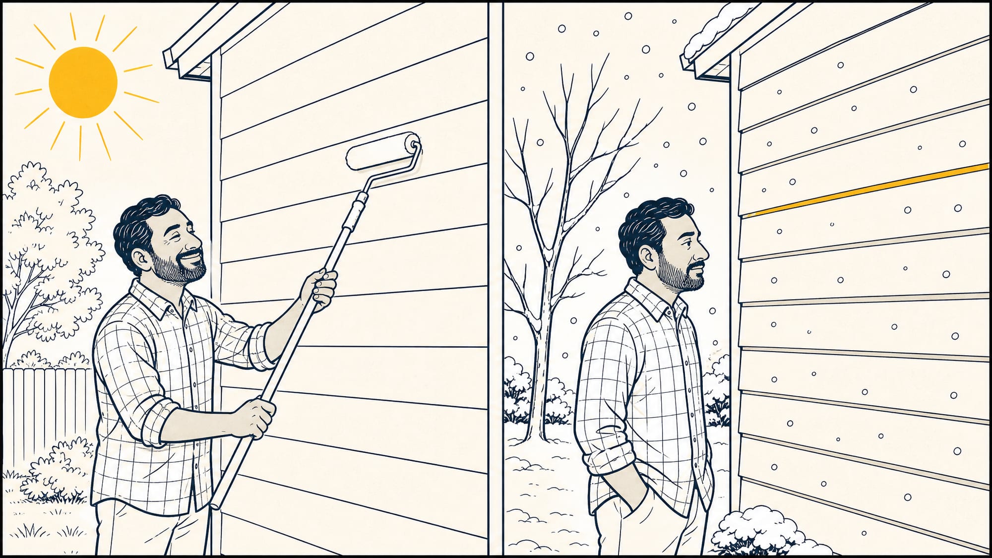 Two-panel cartoon: in the first panel a homeowner happily rolls fresh paint onto sun-warmed vinyl siding under a hot summer sun, the wall a smooth even color; in the second panel it's snowing, the panels have contracted, and a thin stripe of the old faded color now shows along every horizontal lap line while the homeowner stares, deadpan.
