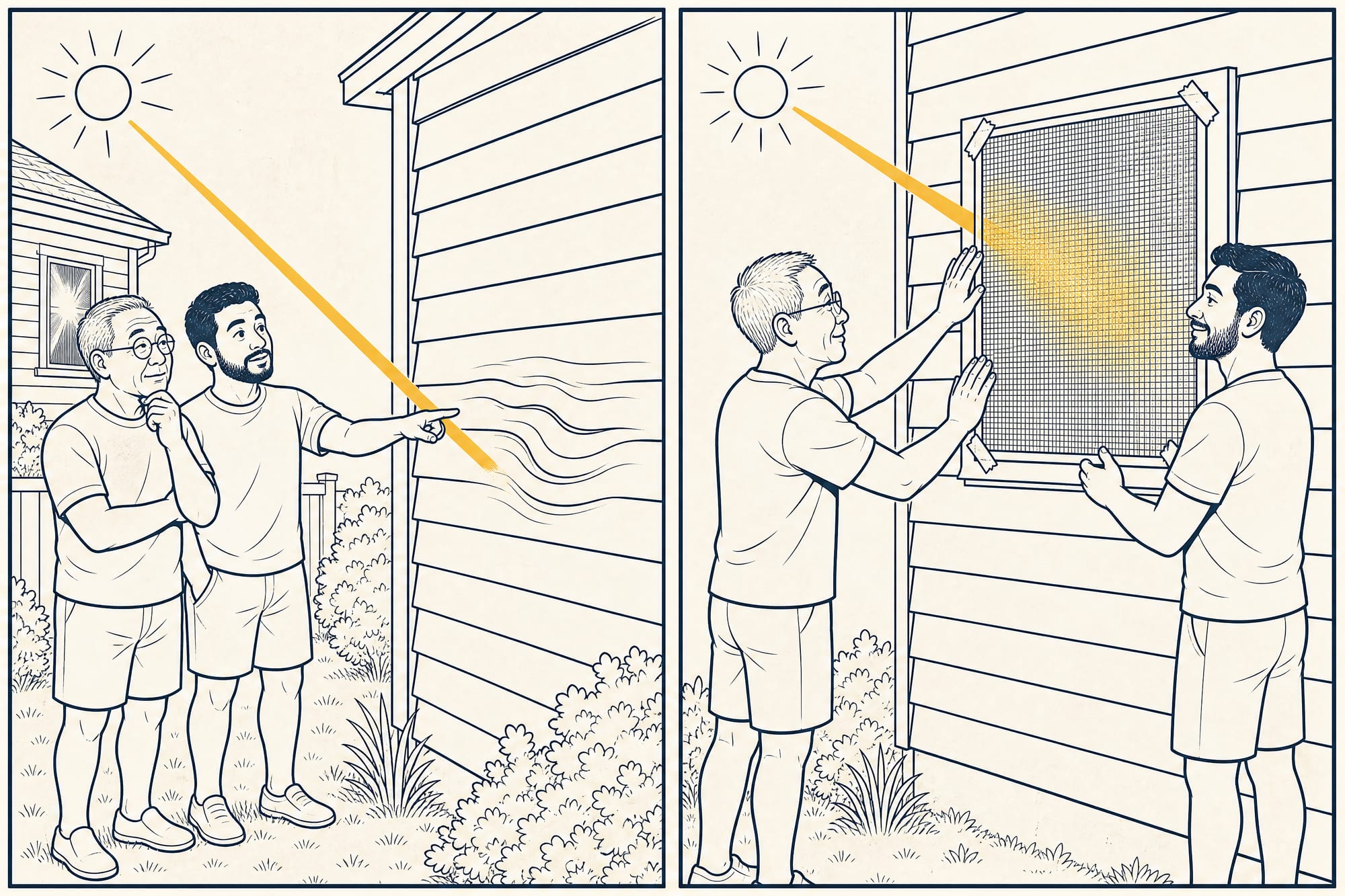 Two-panel cartoon: in the first panel two neighbors study a rippled patch of vinyl siding while a sunbeam bounces off the gleaming window next door; in the second panel they press a full mesh screen onto that window with strips of Velcro, the sunbeam diffusing harmlessly, both looking quietly satisfied.