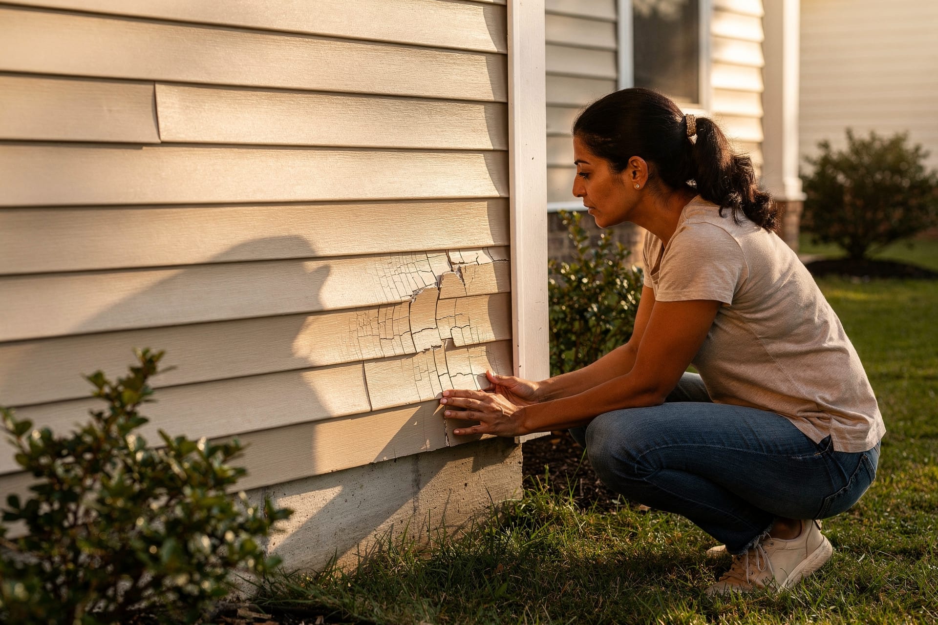 A Middle Eastern woman in her late 30s crouches at the corner of her North Carolina home, fingertips resting on a cracked, sun-faded vinyl siding panel low on the wall, reading the damage with contained concern in warm morning light.
