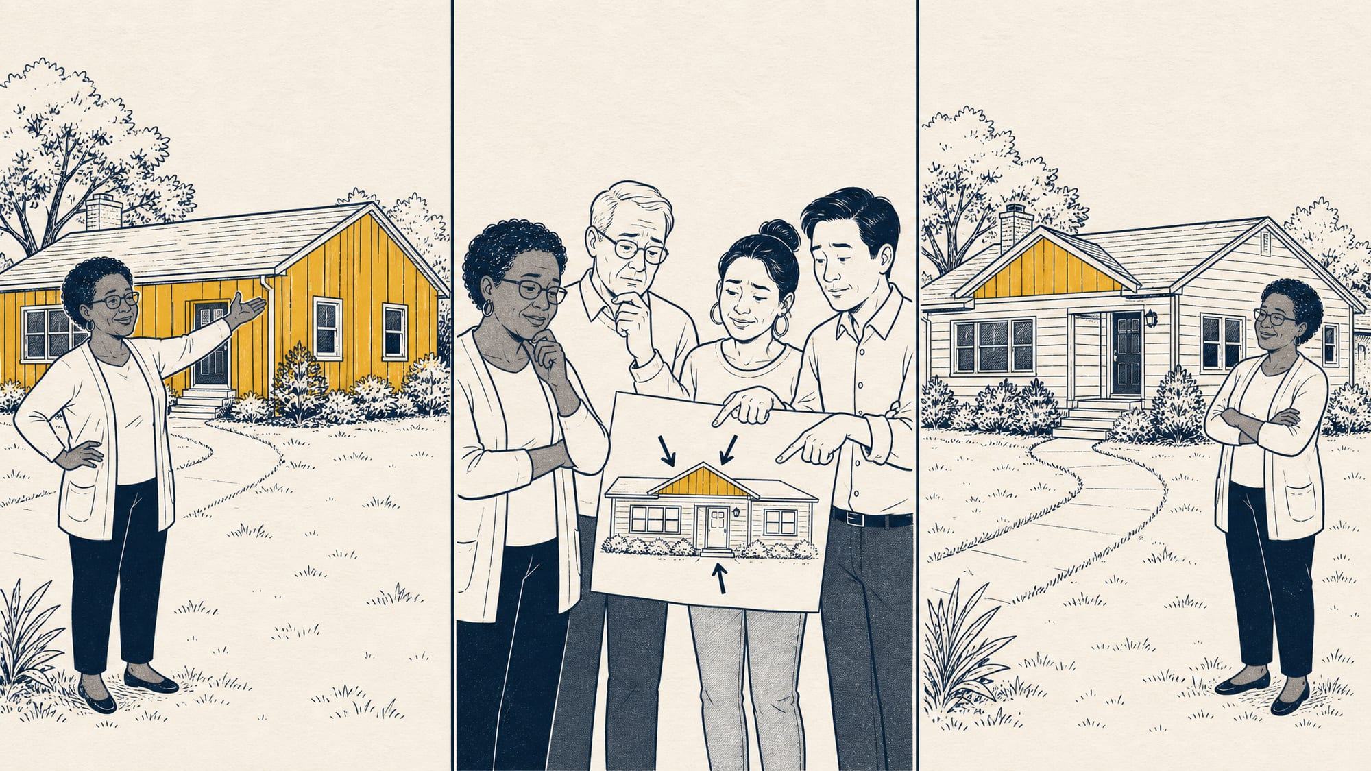 Three-panel cartoon: in the first panel a homeowner proudly points at her whole traditional ranch covered head-to-toe in vertical board-and-batten siding; in the second, neighbors in an online thread gently wince and sketch arrows toward just the front gable; in the third, the same ranch wears clean horizontal lap on the main walls with one striking board-and-batten accent gable, and the homeowner nods, satisfied.