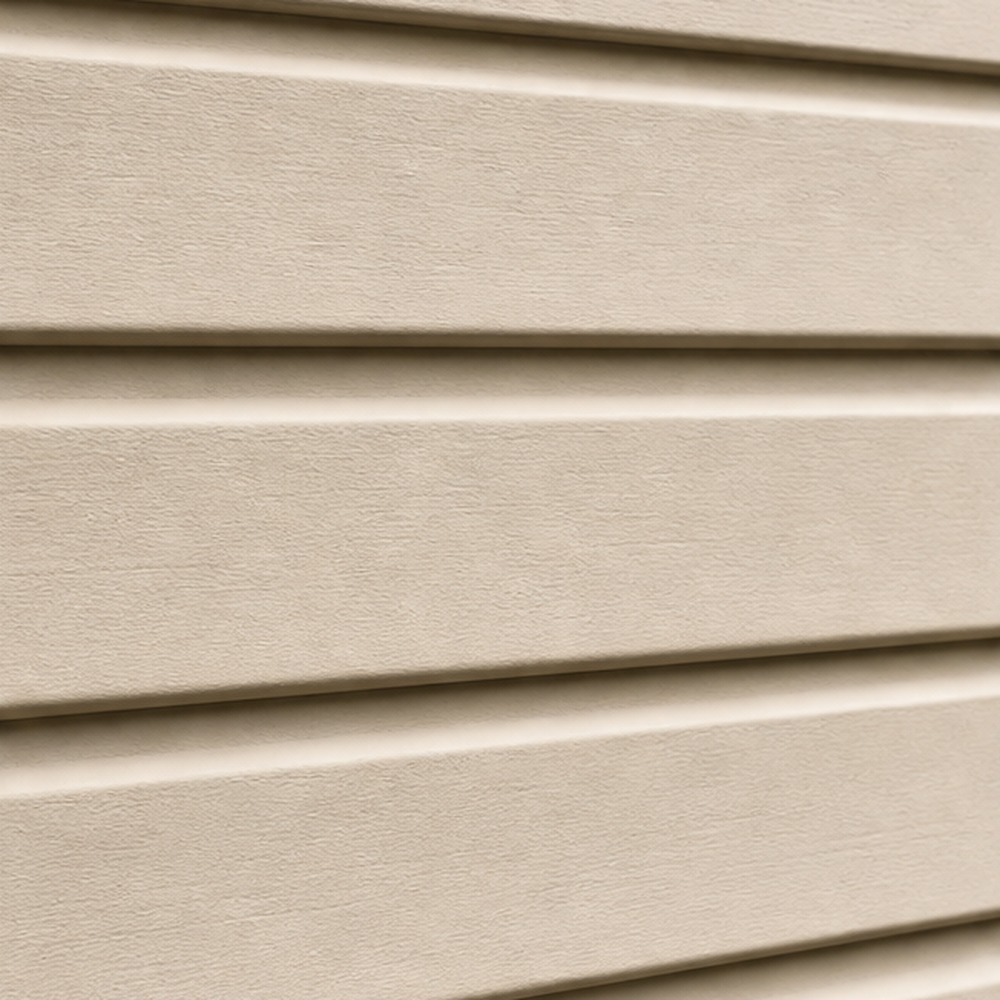 Dutch lap vinyl siding swatch — horizontal lap with a routed groove throwing a shadow line