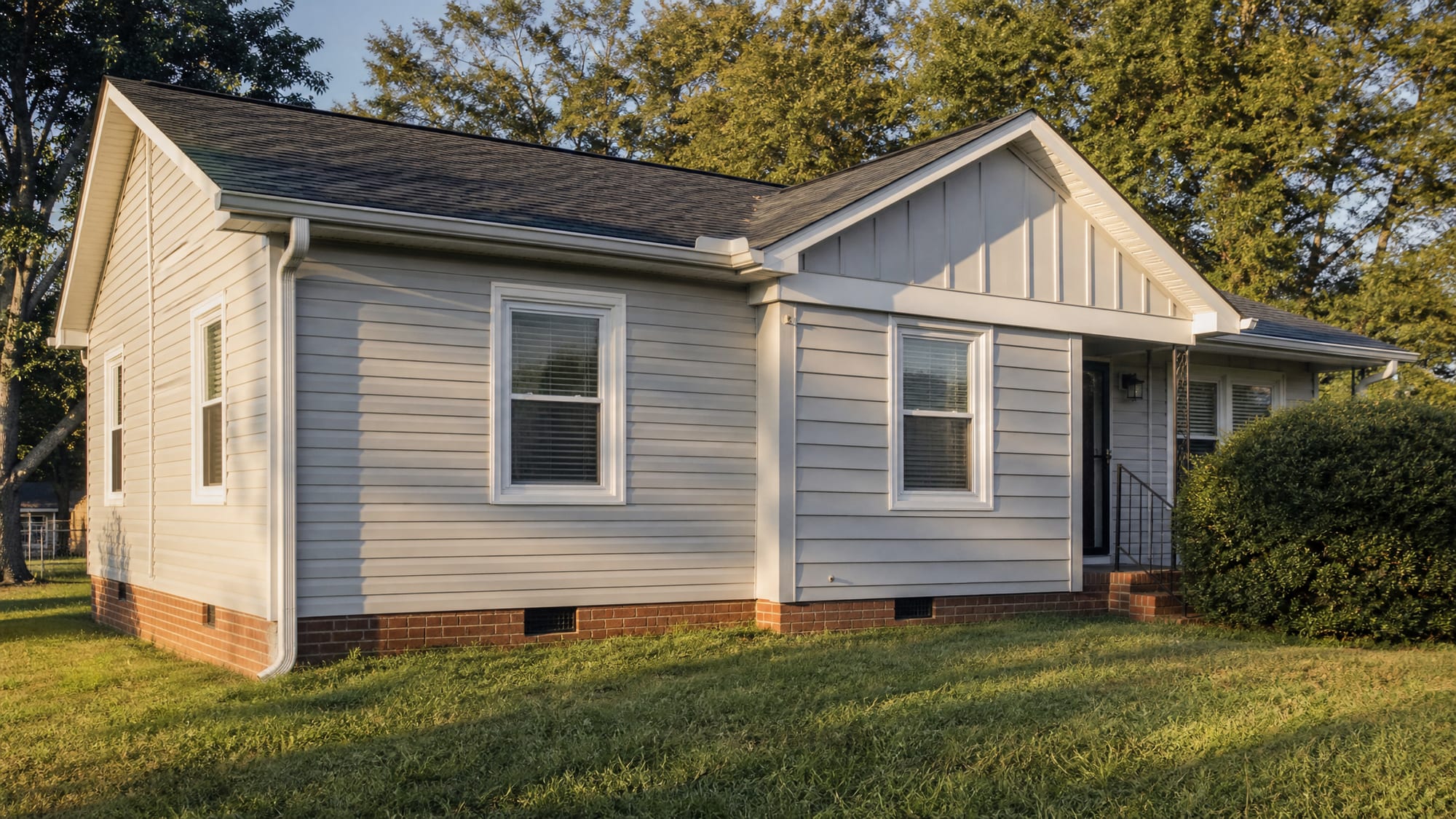 A modest 1980s North Carolina ranch re-sided in warm daylight: clean light-gray Dutch lap across the main walls with a soft board-and-batten accent on the front gable, the profile reading right against the roofline and brick foundation.