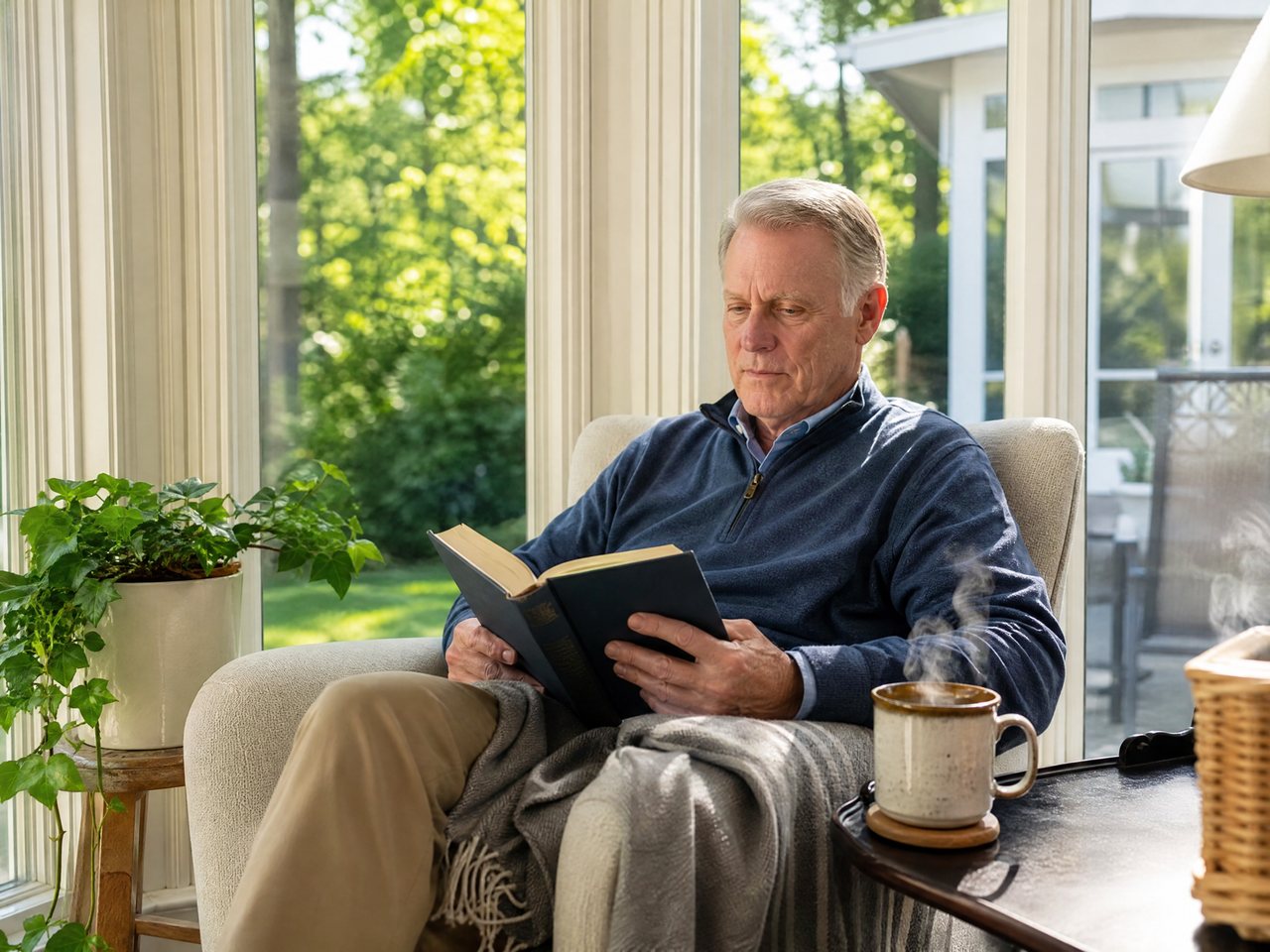 An older man reading in a linen armchair with a steaming coffee mug in a bright North Carolina sunroom — the morning-coffee and reading haven.