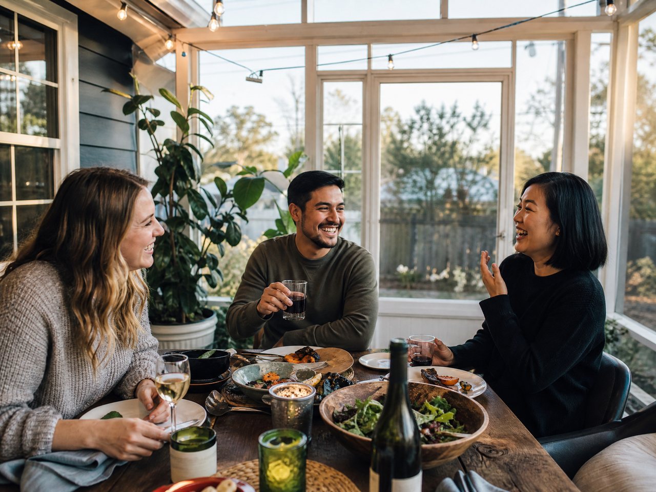 Three friends laughing over a shared meal at a table in a string-lit North Carolina sunroom set up for casual dining and entertaining.