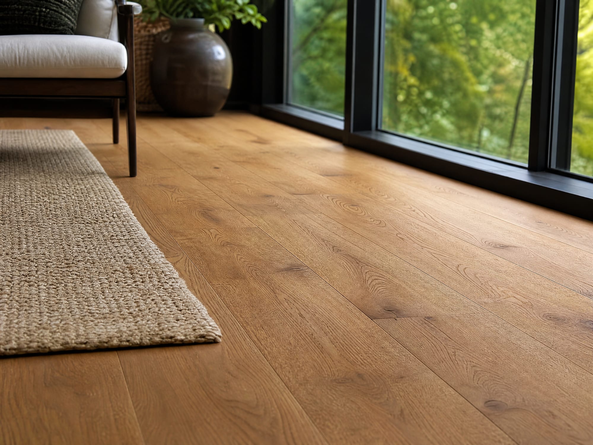 Engineered oak hardwood in a climate-controlled four-season sunroom