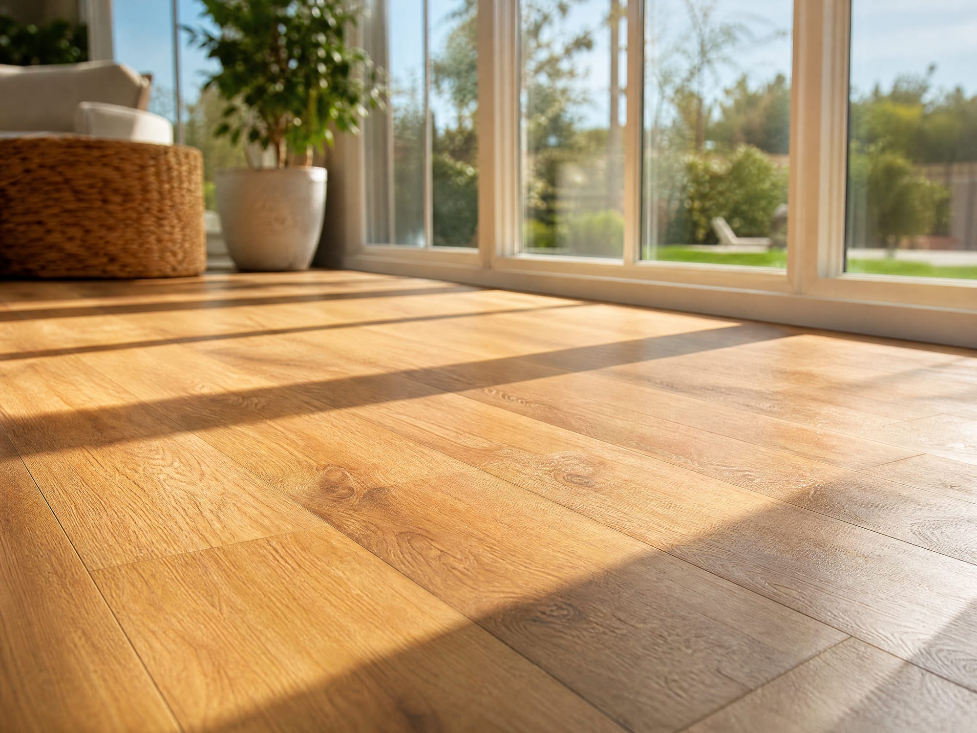 Luxury vinyl plank baking in direct afternoon sun in a glass sunroom