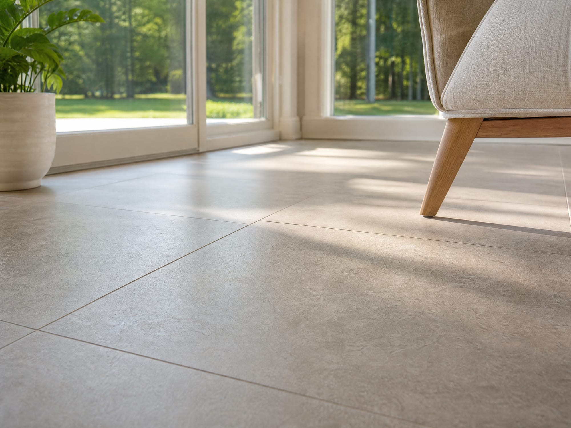 Large-format greige porcelain tile in a sunlit NC sunroom