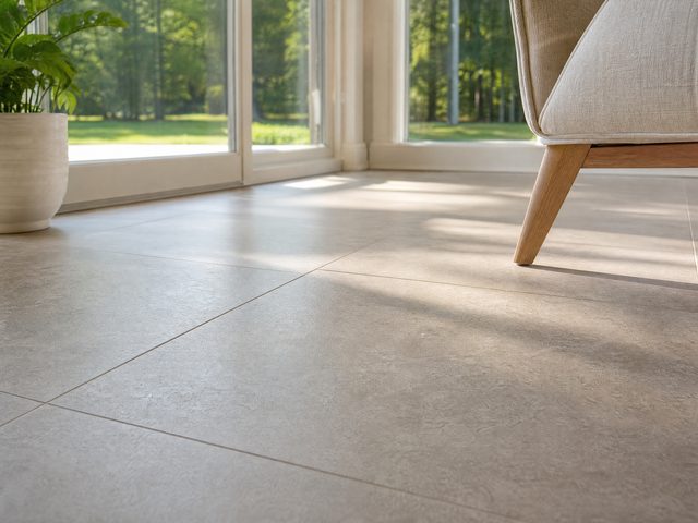 Large-format greige porcelain tile in a sunlit NC sunroom