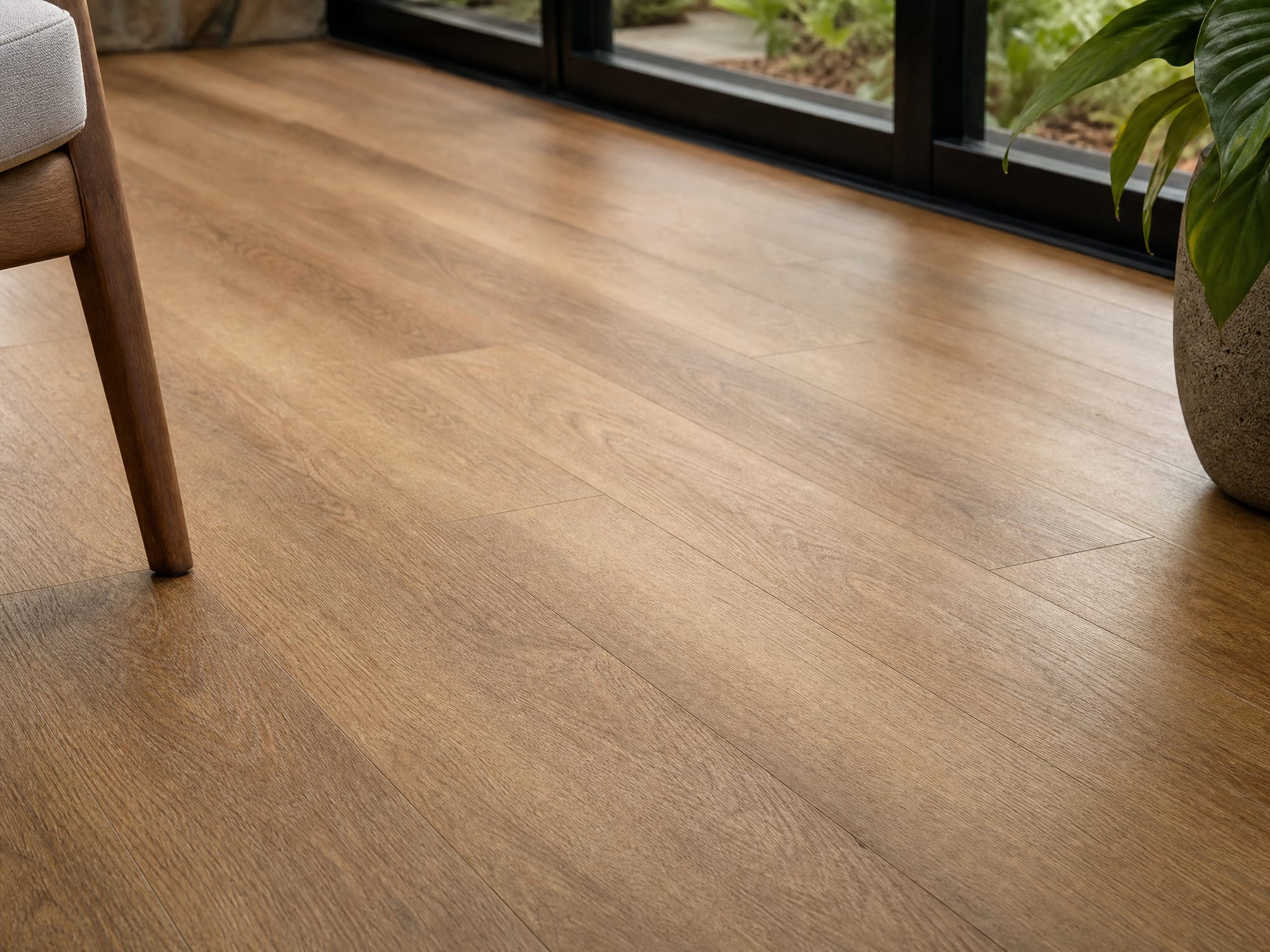 Rigid-core SPC wood-look vinyl plank in a shaded, enclosed sunroom