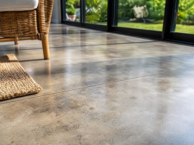 Stained and sealed concrete floor with a soft sheen in an NC sunroom