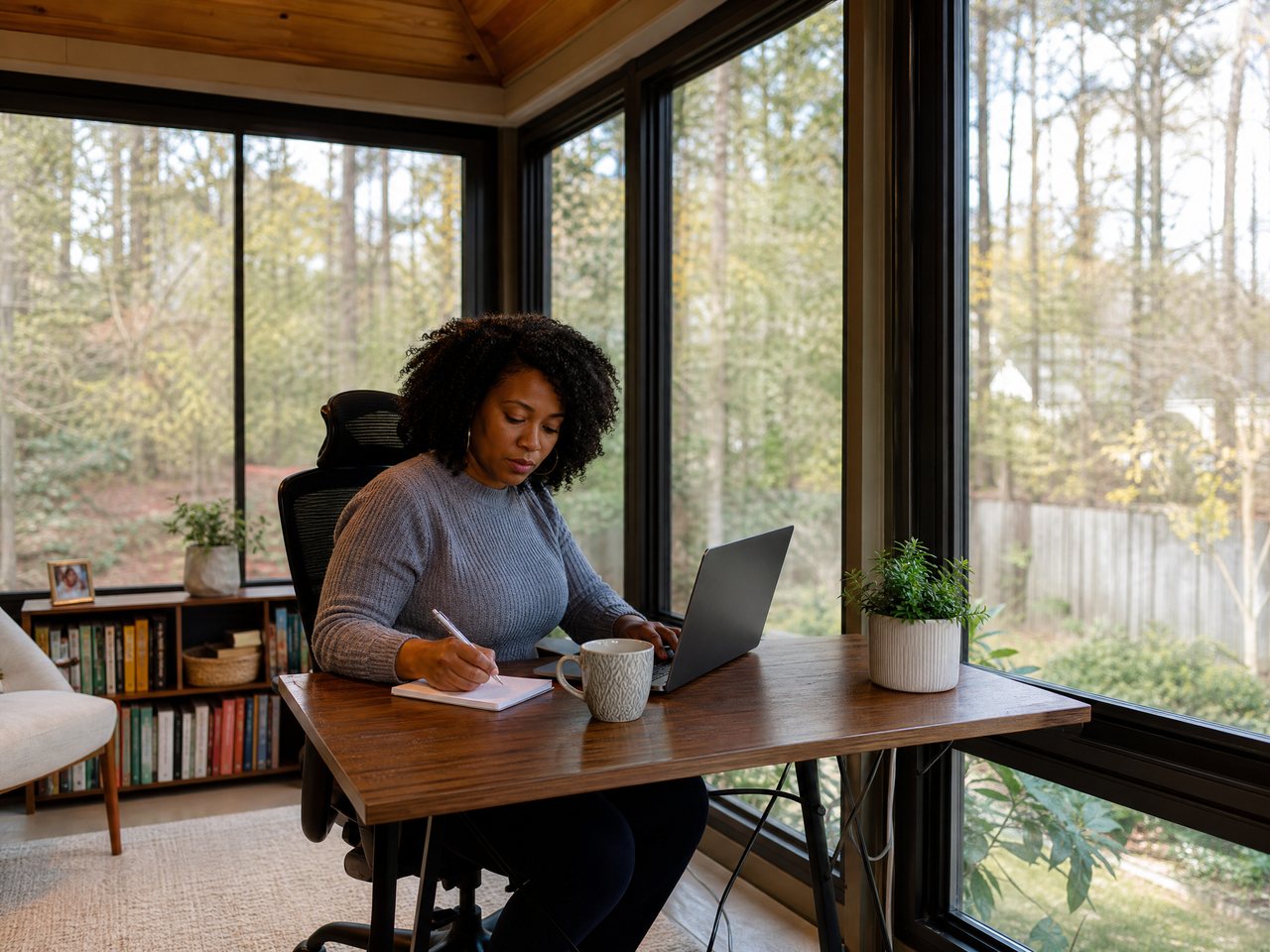 A woman working at a desk with a laptop in a four-season sunroom home office in North Carolina, wooded backyard through the insulated glass.