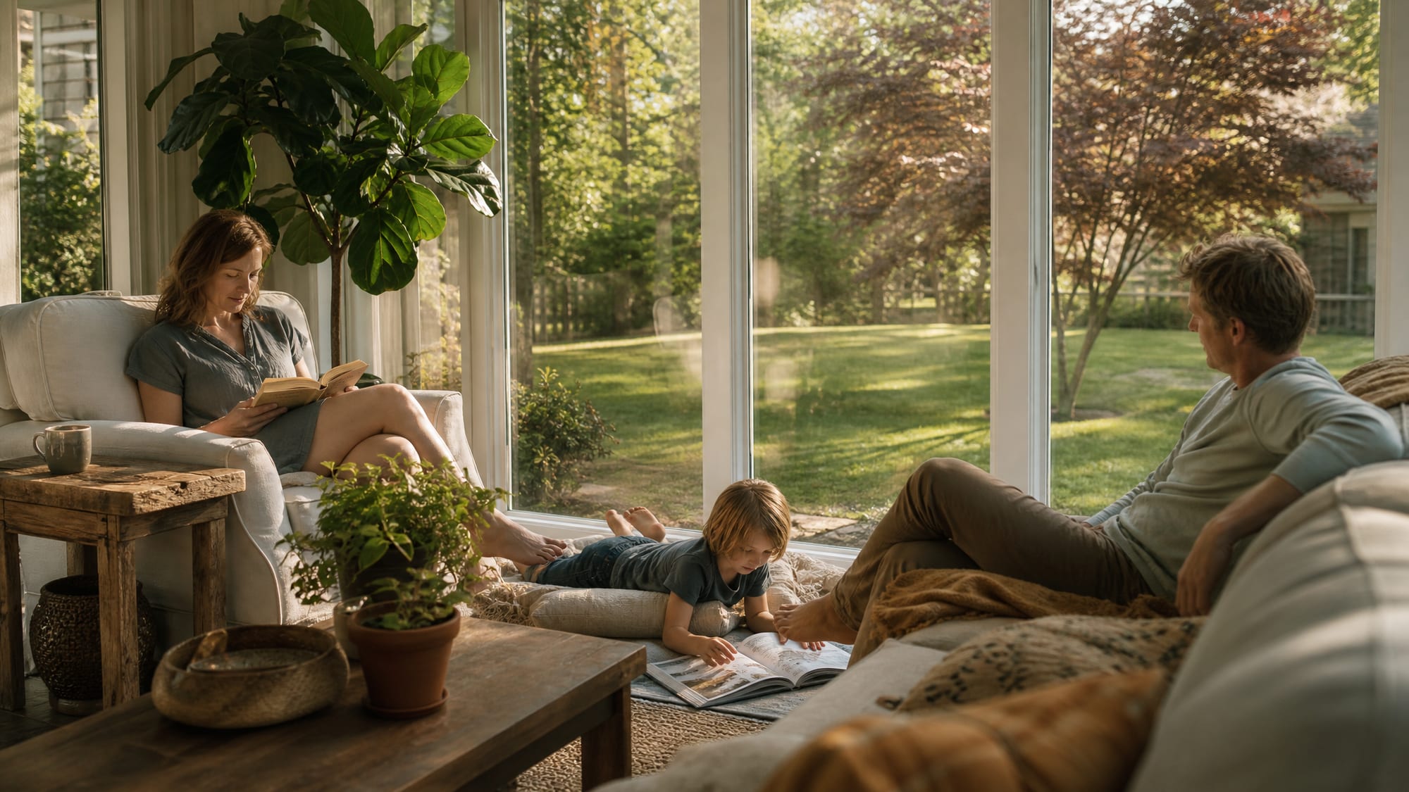 A bright, lived-in sunroom in a North Carolina home in warm daylight — potted plants, a linen chair, coffee on a side table, a family relaxing with the yard visible through the glass.