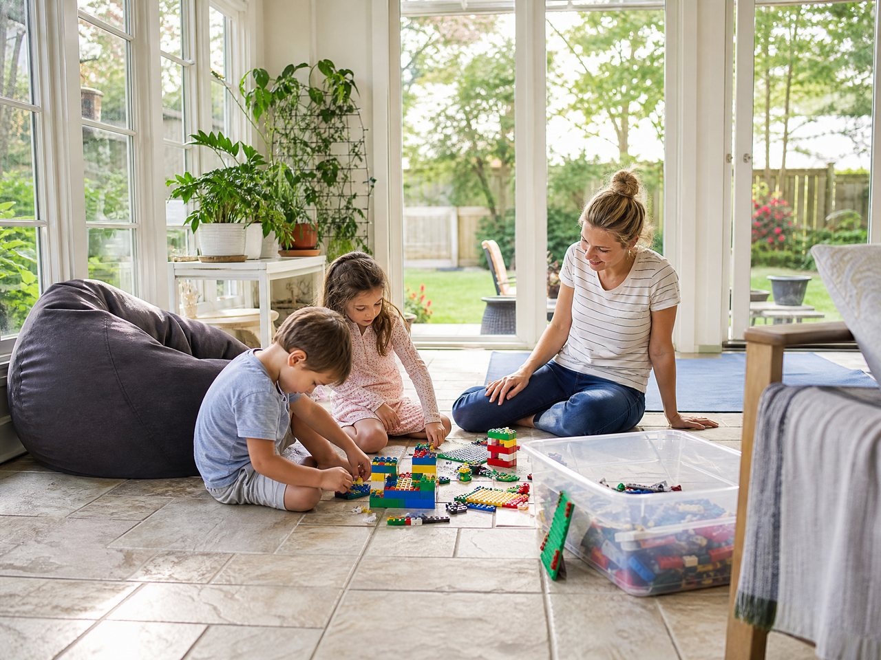 Two children building with blocks on tile flooring while a parent sits nearby in a bright North Carolina sunroom used as a kid and flex room.