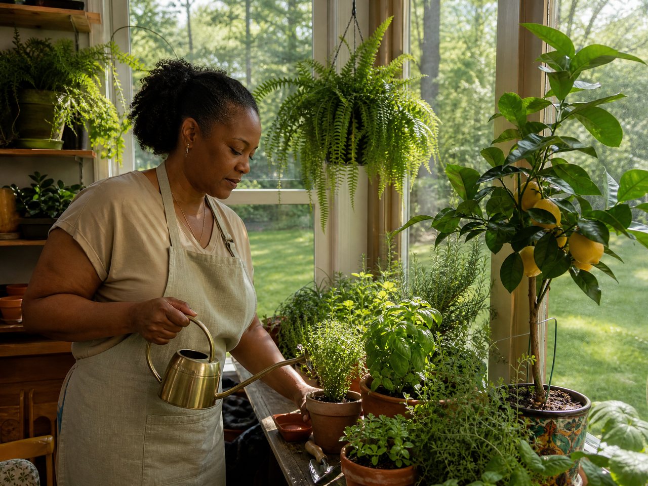 A woman tends a lush plant-and-garden sunroom in a North Carolina home: potted herbs along the sunlit sill, a Meyer-lemon tree, and hanging ferns, with the green yard through the glass.