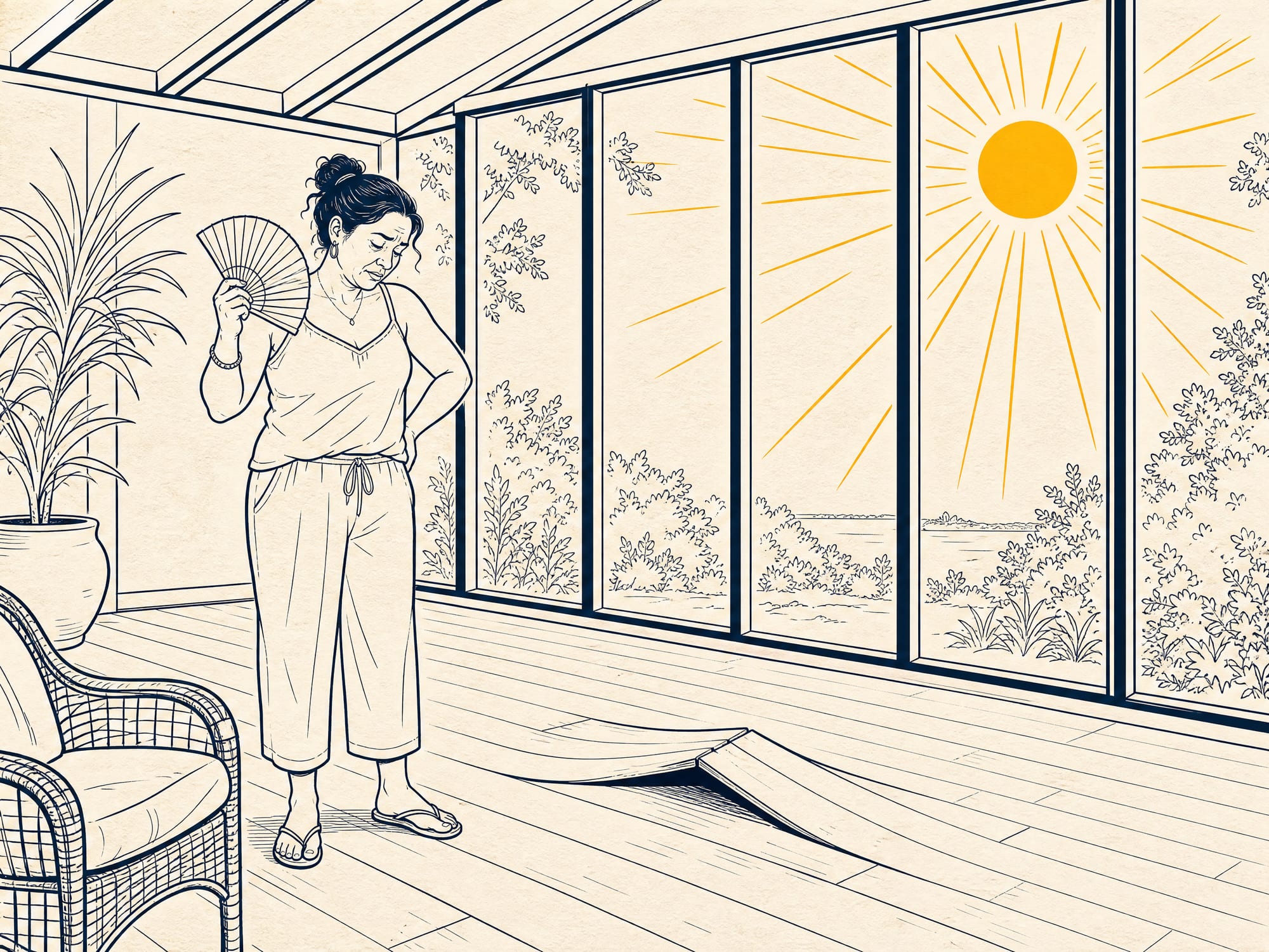 Cartoon: a homeowner stands in a beautiful glass sunroom fanning herself in the summer heat, looking down at a floor plank that has popped up into a small peak, with the bright sun blazing through the west-facing glass.