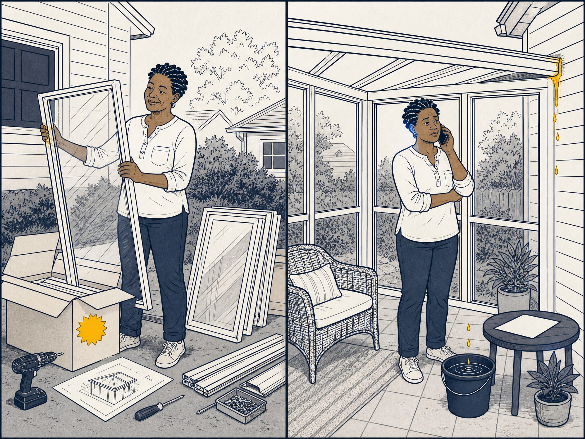 A two-panel cartoon: on the left a homeowner happily assembles a sunroom kit thinking 'half the price'; on the right, a season later, a bucket catches a drip in the corner while they sit on the phone next to a repair invoice.