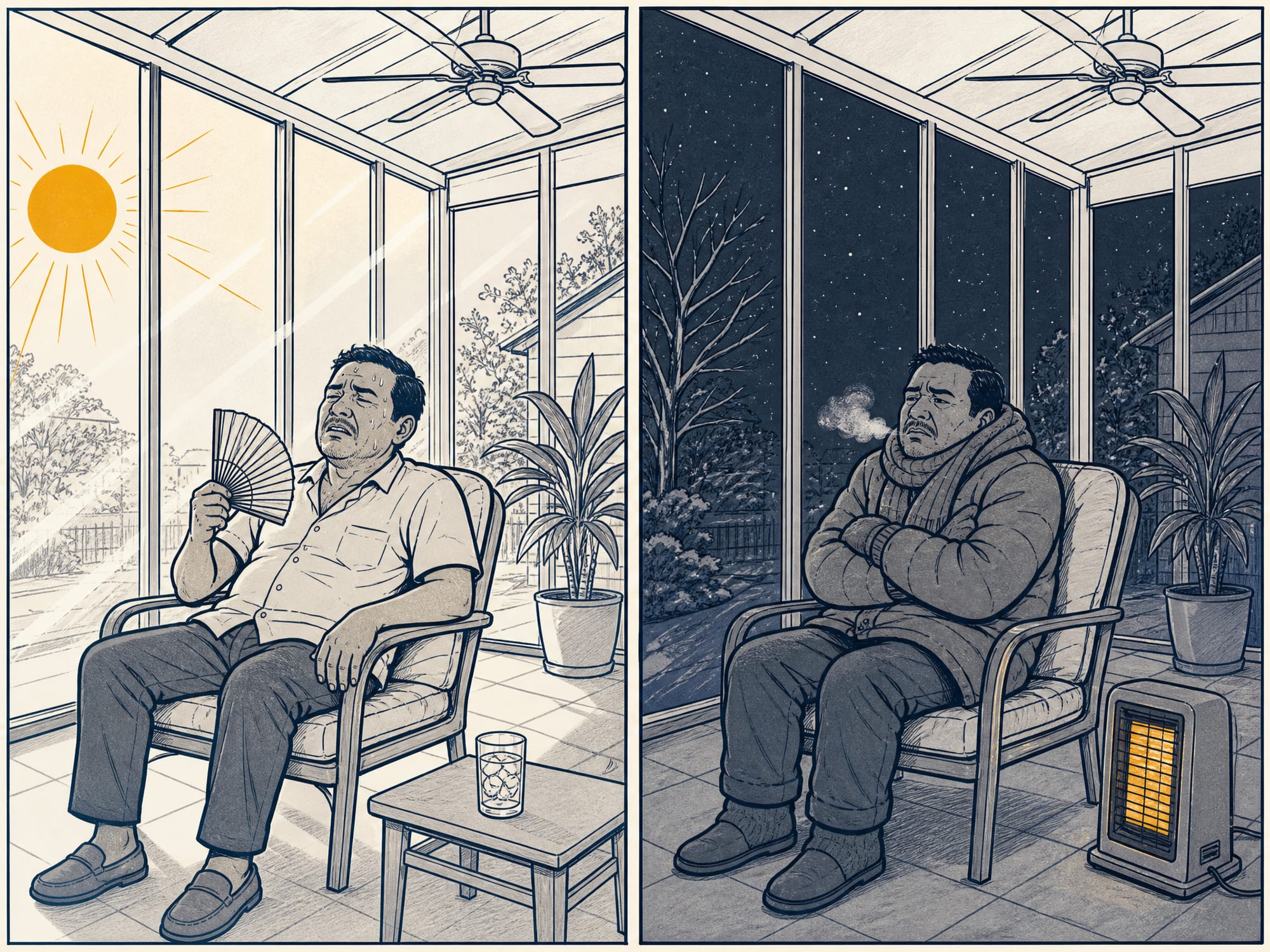 Cartoon split in two: on the left, a homeowner sweats in a sun-blasted glassed-in porch at noon under a blazing sun; on the right, the same person shivers in a coat in that same room at midnight, a space heater glowing uselessly in the corner.