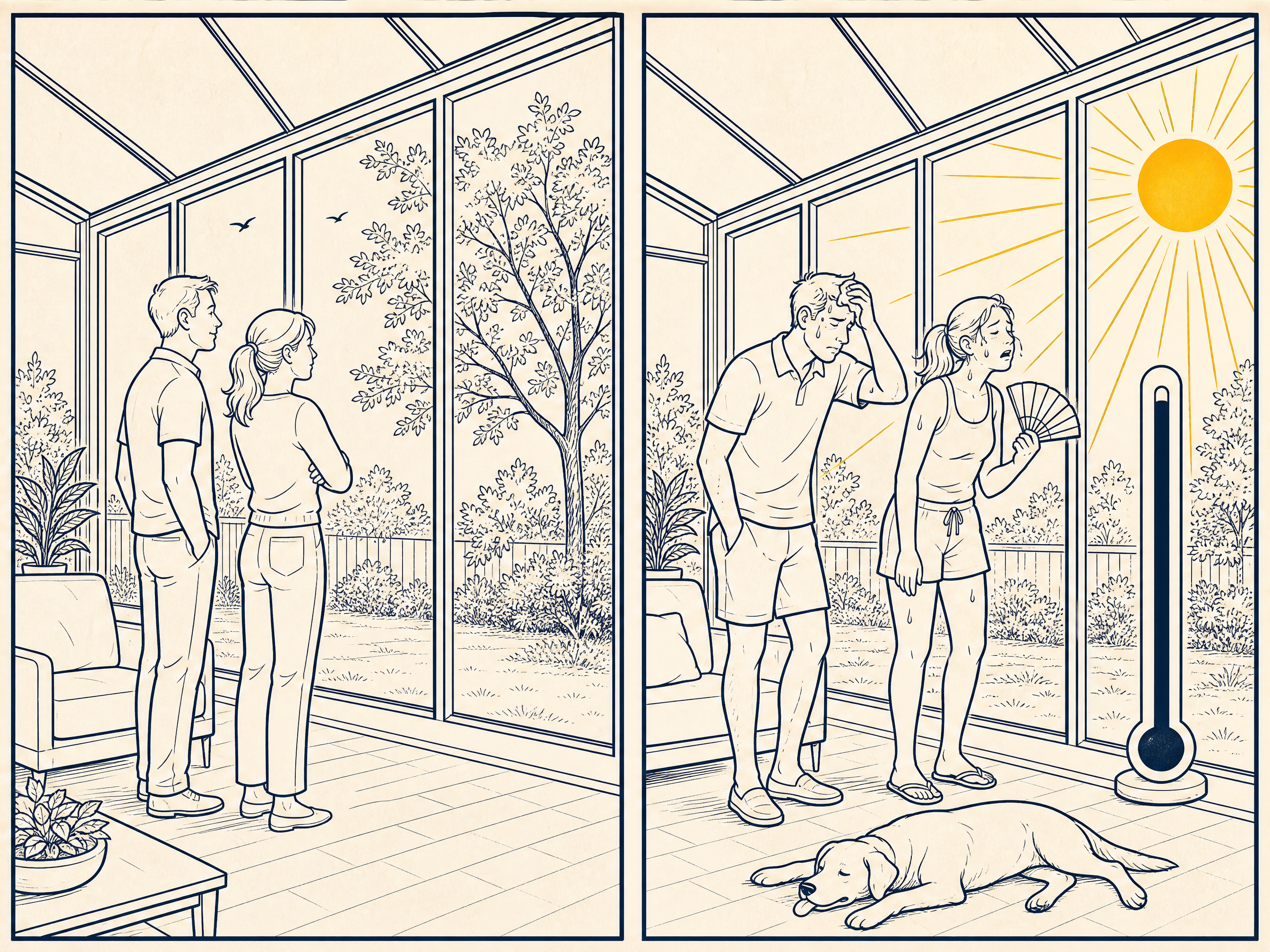 Two-panel House Comic: left panel, a couple beams in a bright new glass sunroom in spring with birds outside; right panel, the same room in July, sun blazing through the glass, the couple wilting with a fan and a thermometer reading past 95 while the dog lies flat on the floor.