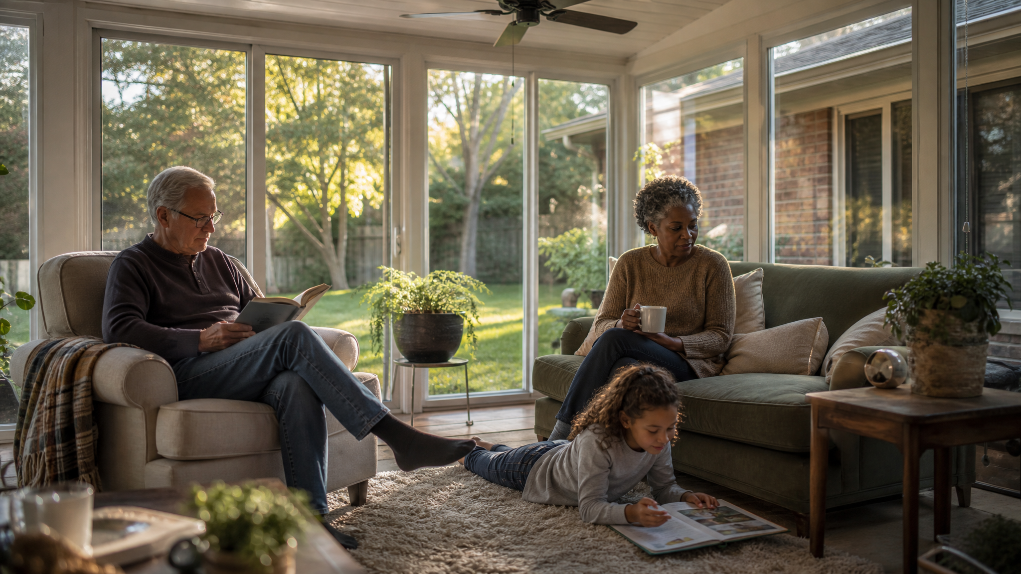 A bright four-season sunroom off the back of an NC brick ranch in warm afternoon daylight — a family reading and drinking tea, ceiling fan turning, green backyard framed through the glass on three sides, the room genuinely comfortable rather than staged