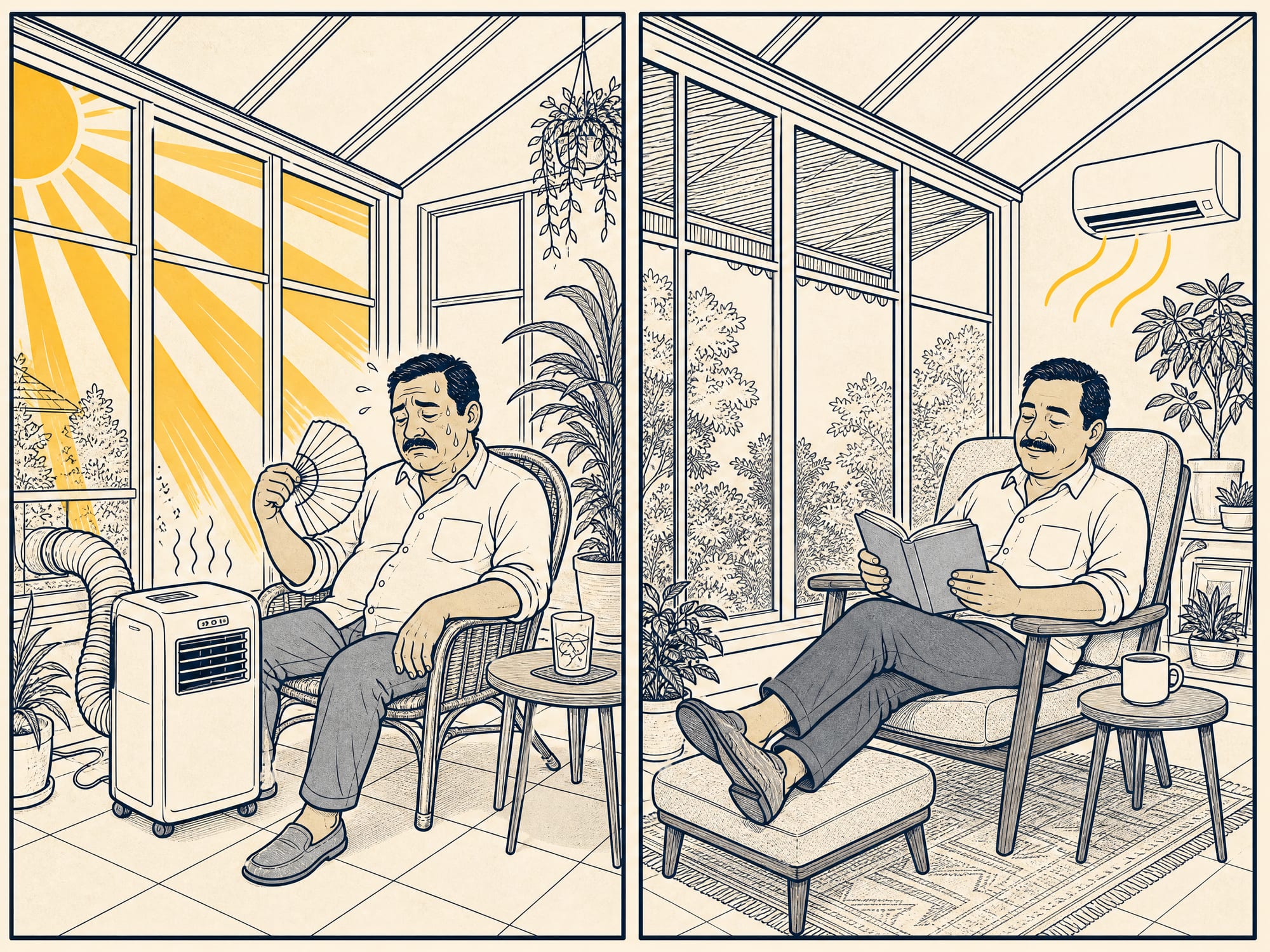 Two-panel cartoon: left panel, a homeowner sweats in a sun-blasted glass room cranking a struggling portable AC; right panel, the same room comfortable and lived-in, the person reading in a chair, with a small mini-split unit quietly running on the wall.