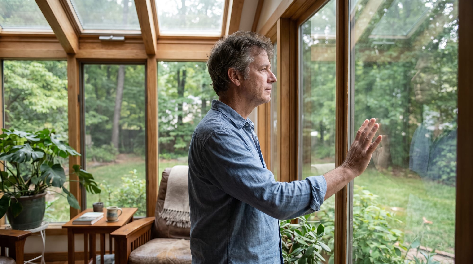 A homeowner standing in a bright, sun-flooded glass sunroom on a North Carolina afternoon, one hand resting near the warm glass, looking out at the yard, in flat overcast documentary light.