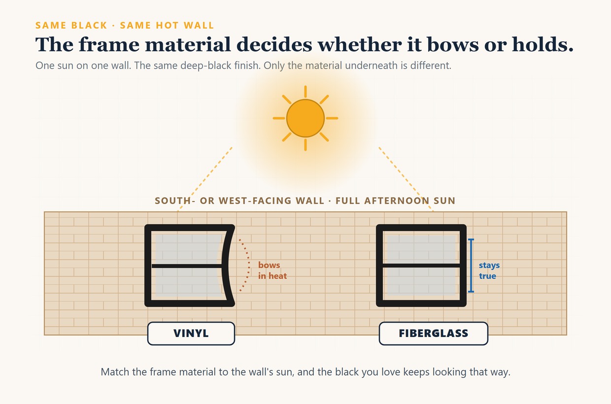 Diagram: the same black window on the same full-sun south- or west-facing wall, in two frame materials. The vinyl frame bows slightly under the heat; the fiberglass frame stays crisp and straight.