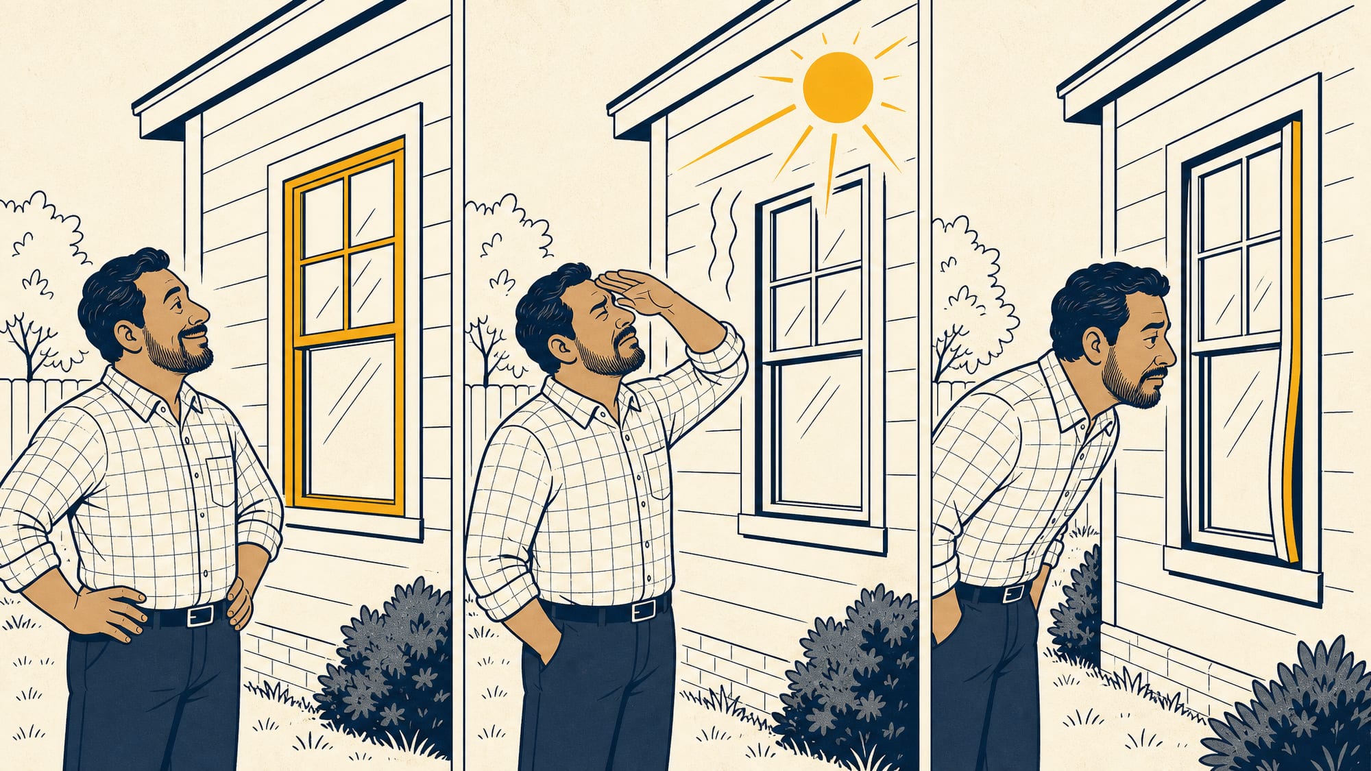 Three-panel comic: a homeowner loves crisp new black windows, then notices the summer sun beating on the wall, then finds the vinyl sash has gently bowed.