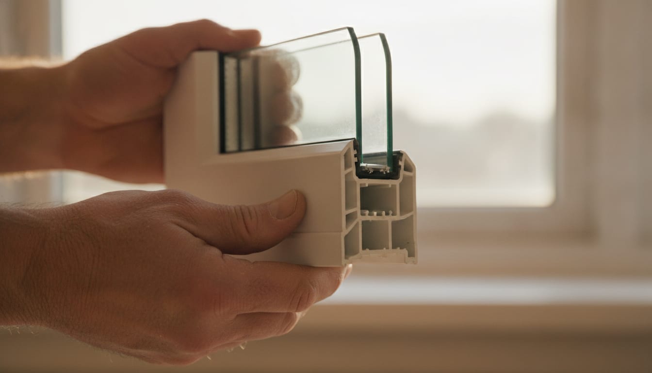 A pair of working hands holds a cutaway window frame corner up to bright daylight, turning it to show the hollow internal chambers, the welded corner and the sealed double-pane glass edge with its spacer.