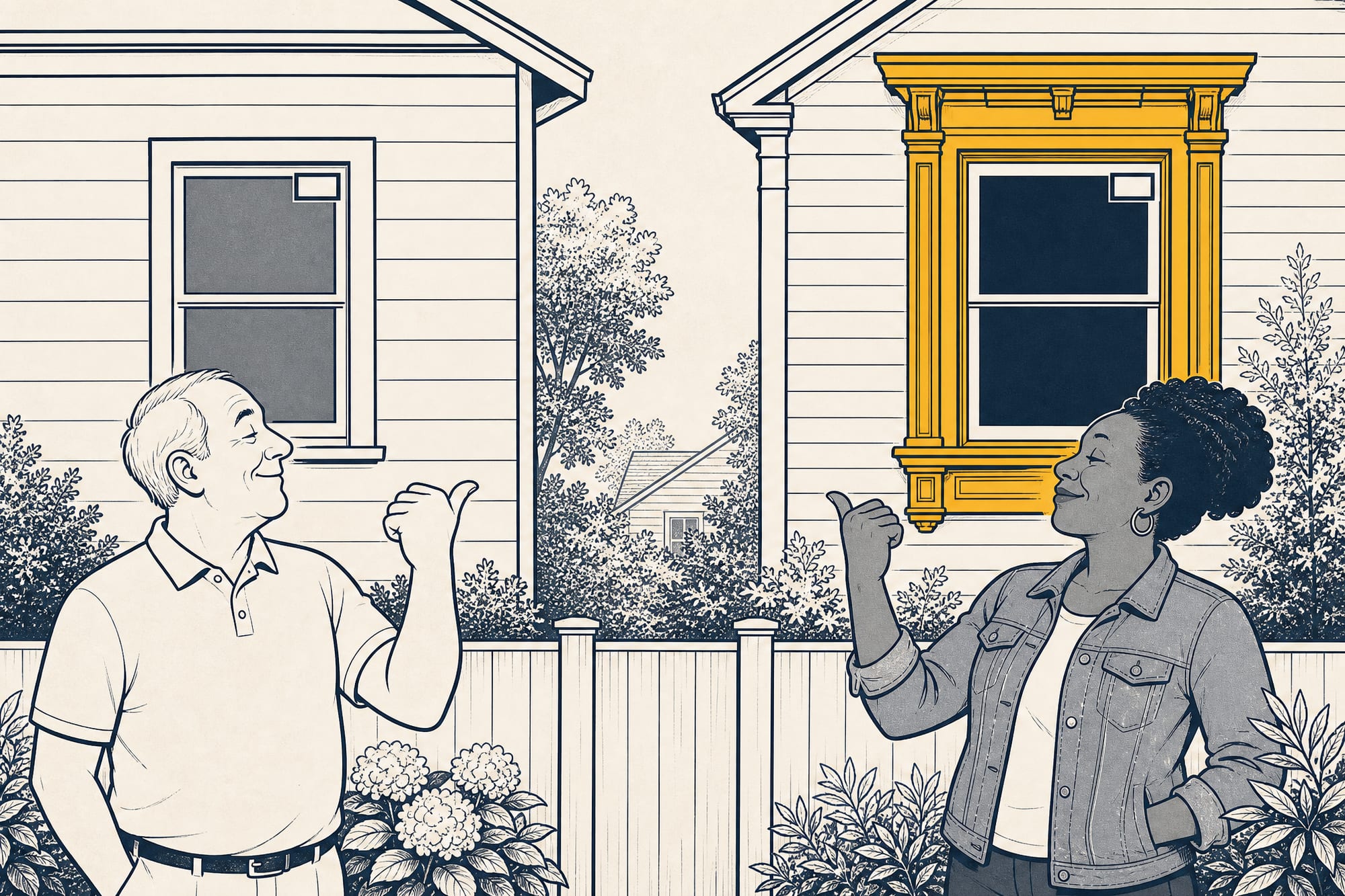 Cartoon: two neighbors talk over a backyard fence, each gesturing proudly at their own house's window — one a plain builder-grade unit, the other an ornate wood-clad one — both windows clearly different despite the neighbors' identical confidence.